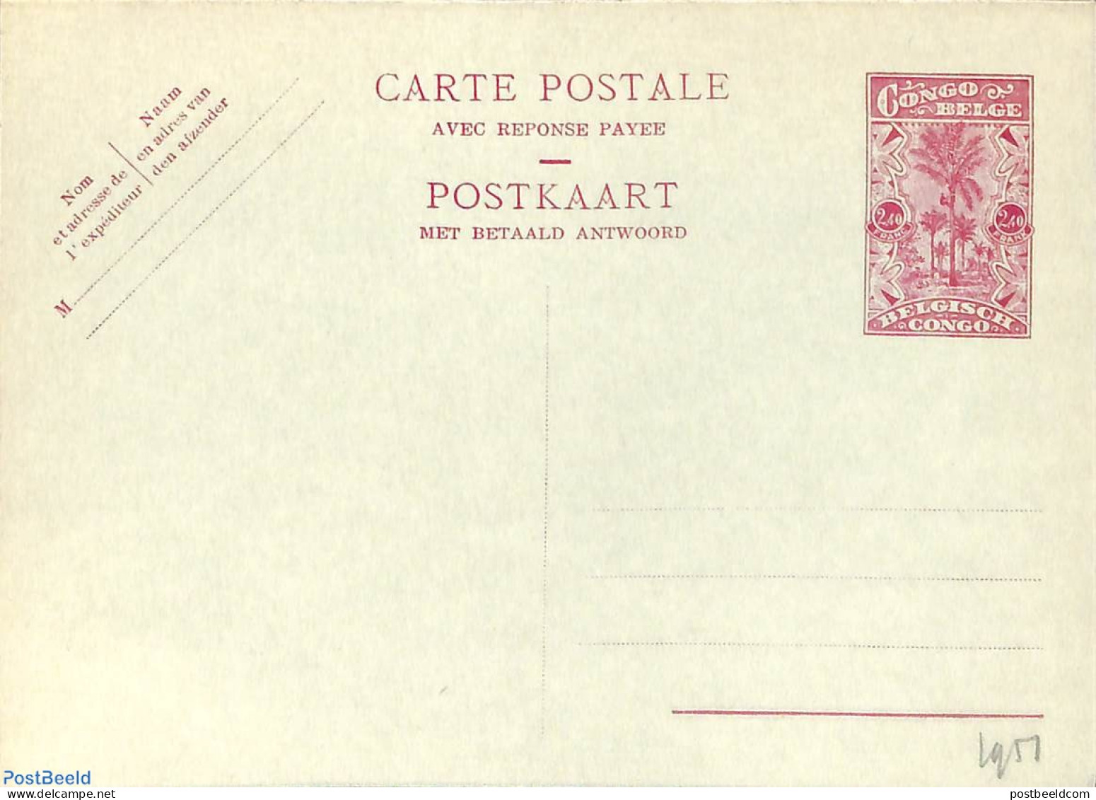 Congo Belgium 1951 Reply Paid Postcard 2.40/2.40, Unused Postal Stationary, Nature - Trees & Forests - Rotary, Lions Club