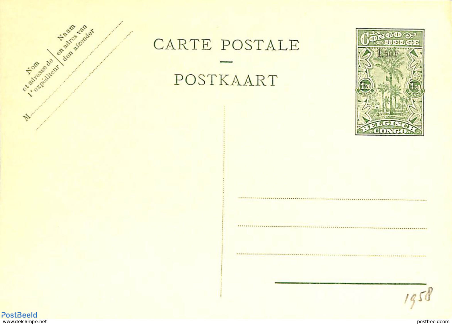 Congo Belgium 1958 Postcard 1.50 On 1.20, Unused Postal Stationary, Nature - Trees & Forests - Rotary, Club Leones