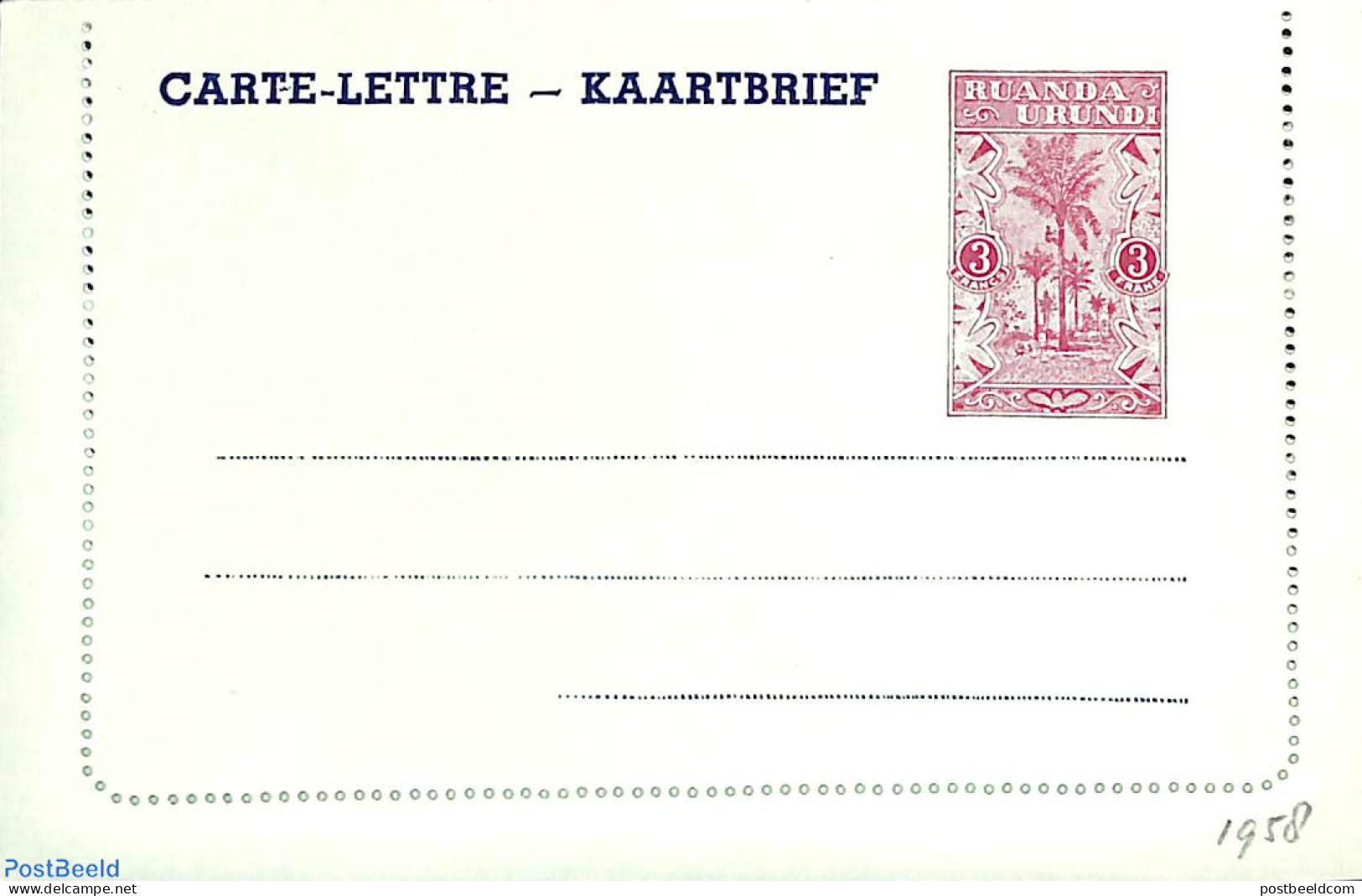 Ruanda-Urundi 1958 Card Letter 3f, Unused Postal Stationary, Nature - Trees & Forests - Rotary, Lions Club