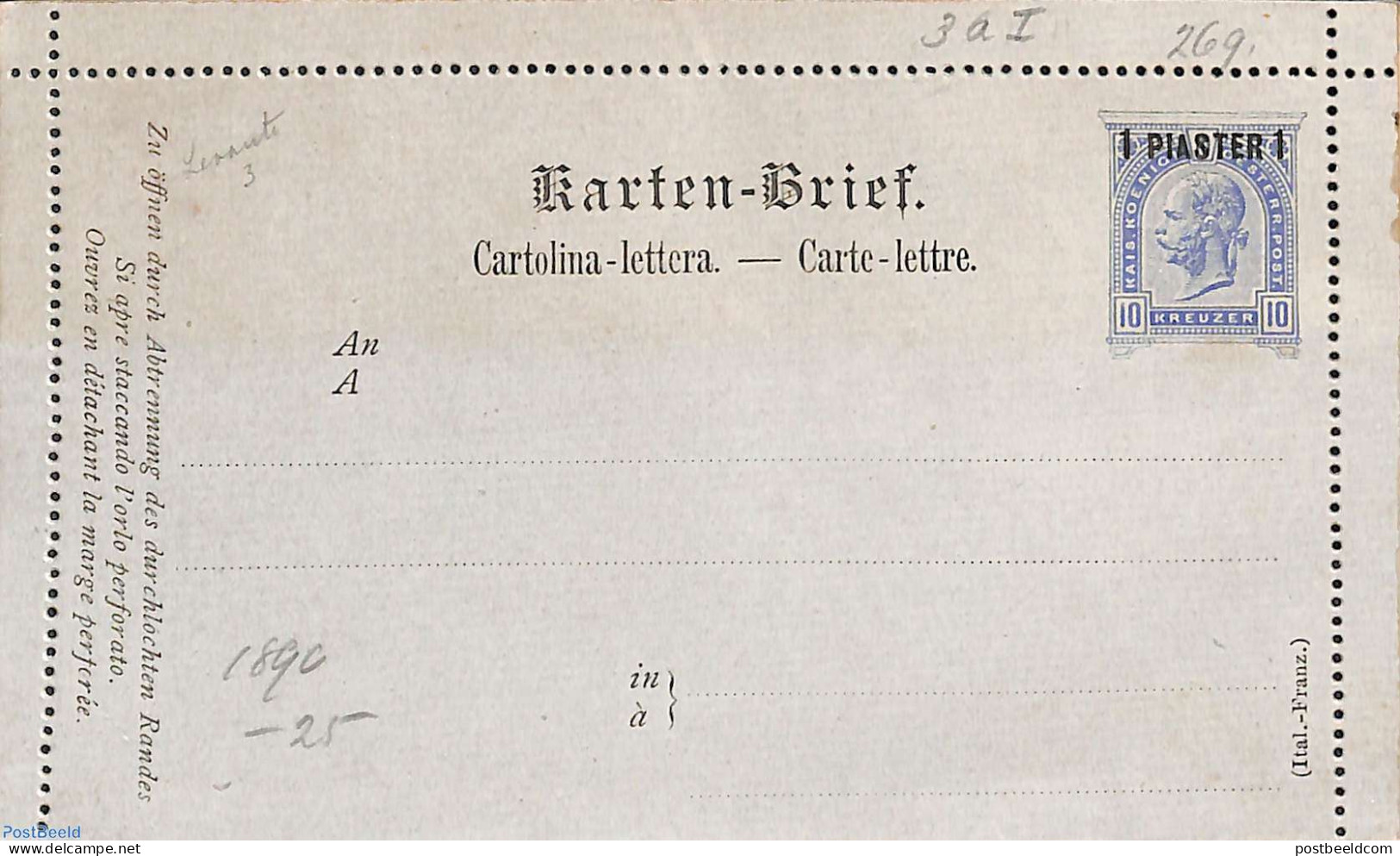 Austria 1890 Levant, Letter Card 1piaster On 10kr., Unused Postal Stationary - Brieven En Documenten