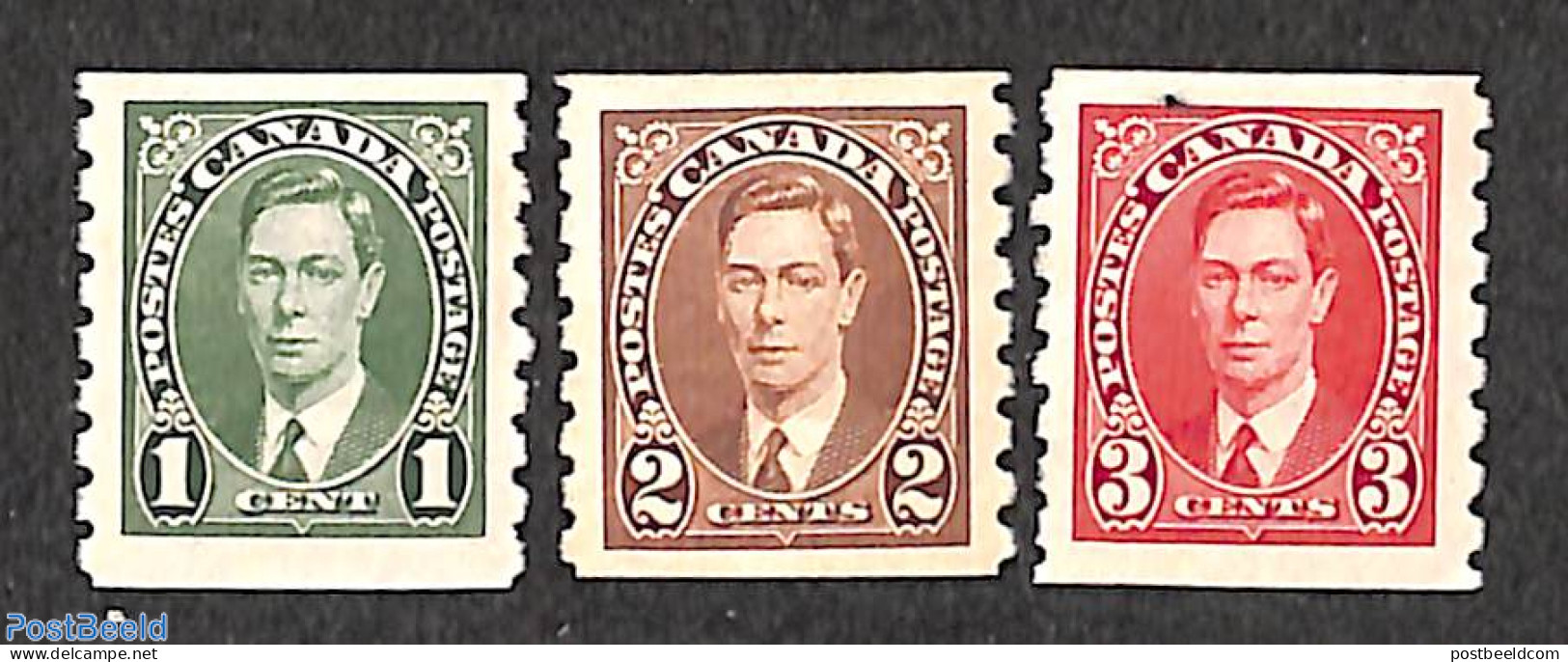 Canada 1937 Definitives 3v, Coil Stamps, Unused (hinged) - Ongebruikt