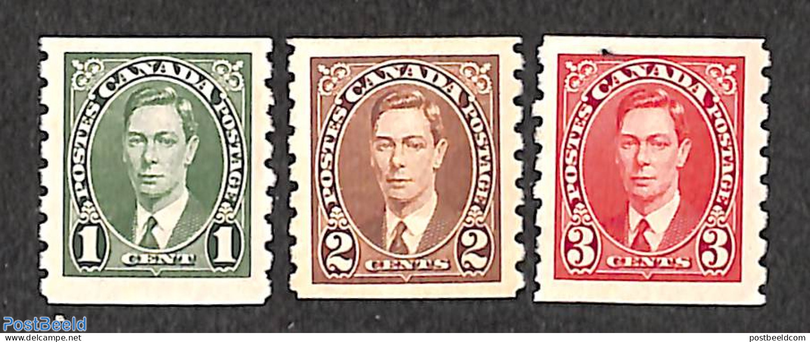 Canada 1937 Definitives 3v, Coil Stamps, Unused (hinged) - Unused Stamps