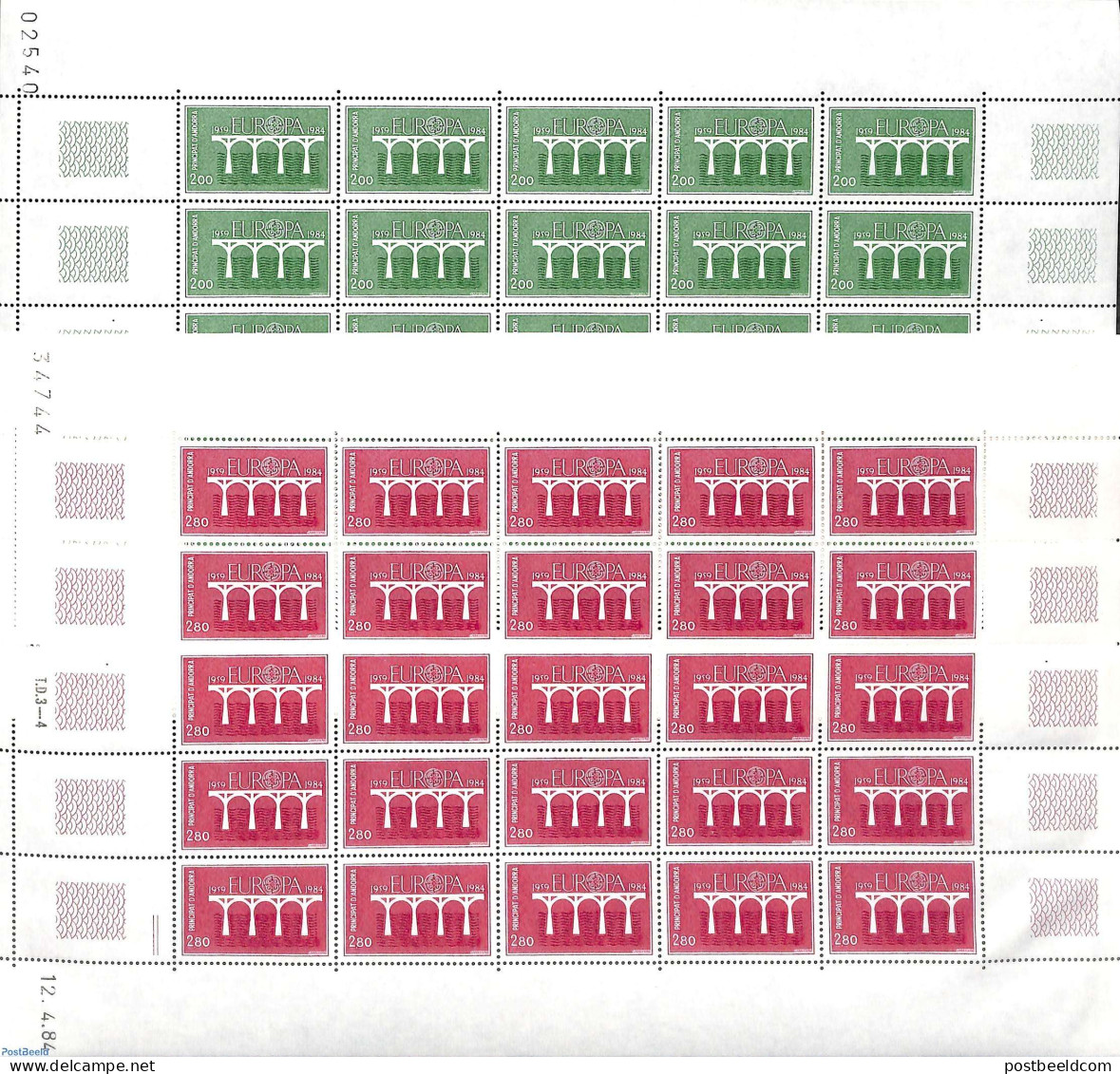 Andorra, French Post 1984 Europa 2 M/s (= 25 Sets), Mint NH, History - Europa (cept) - Unused Stamps