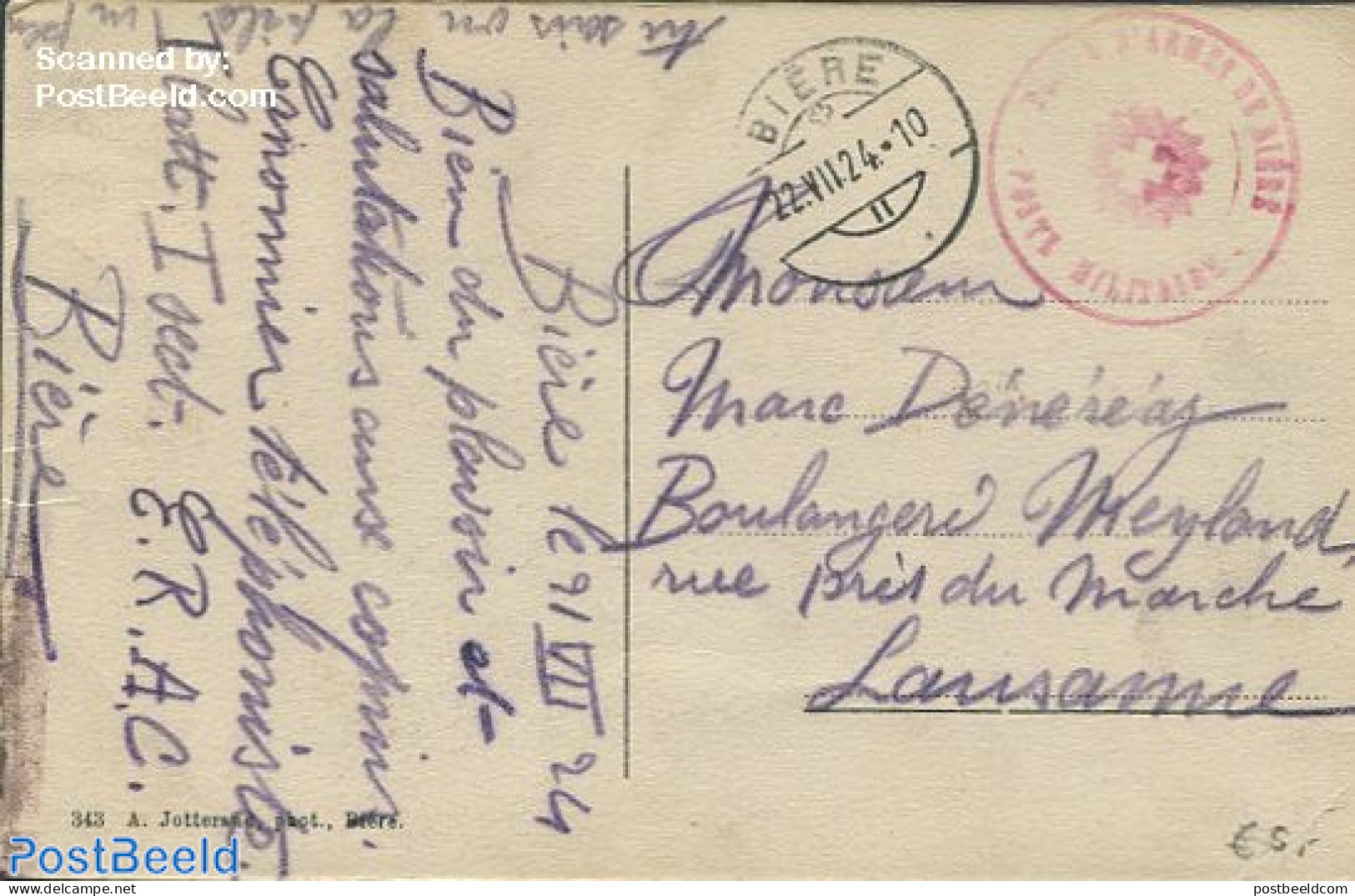 Switzerland 1924 Fieldpost Card From Biere To Laussane, Postal History - Covers & Documents