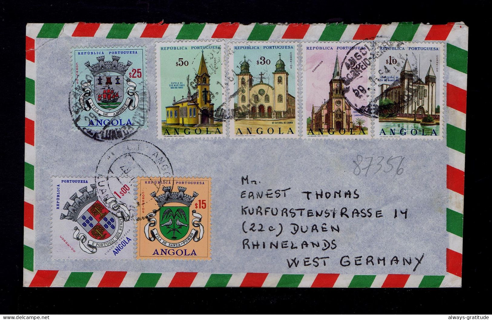 87356 ANGOLA Churches èglises (vignette PORT WINE Bridges) Brasons Coat Of Arms Mailed 1964 Rhinelands -BRD Portugal - Kirchen U. Kathedralen