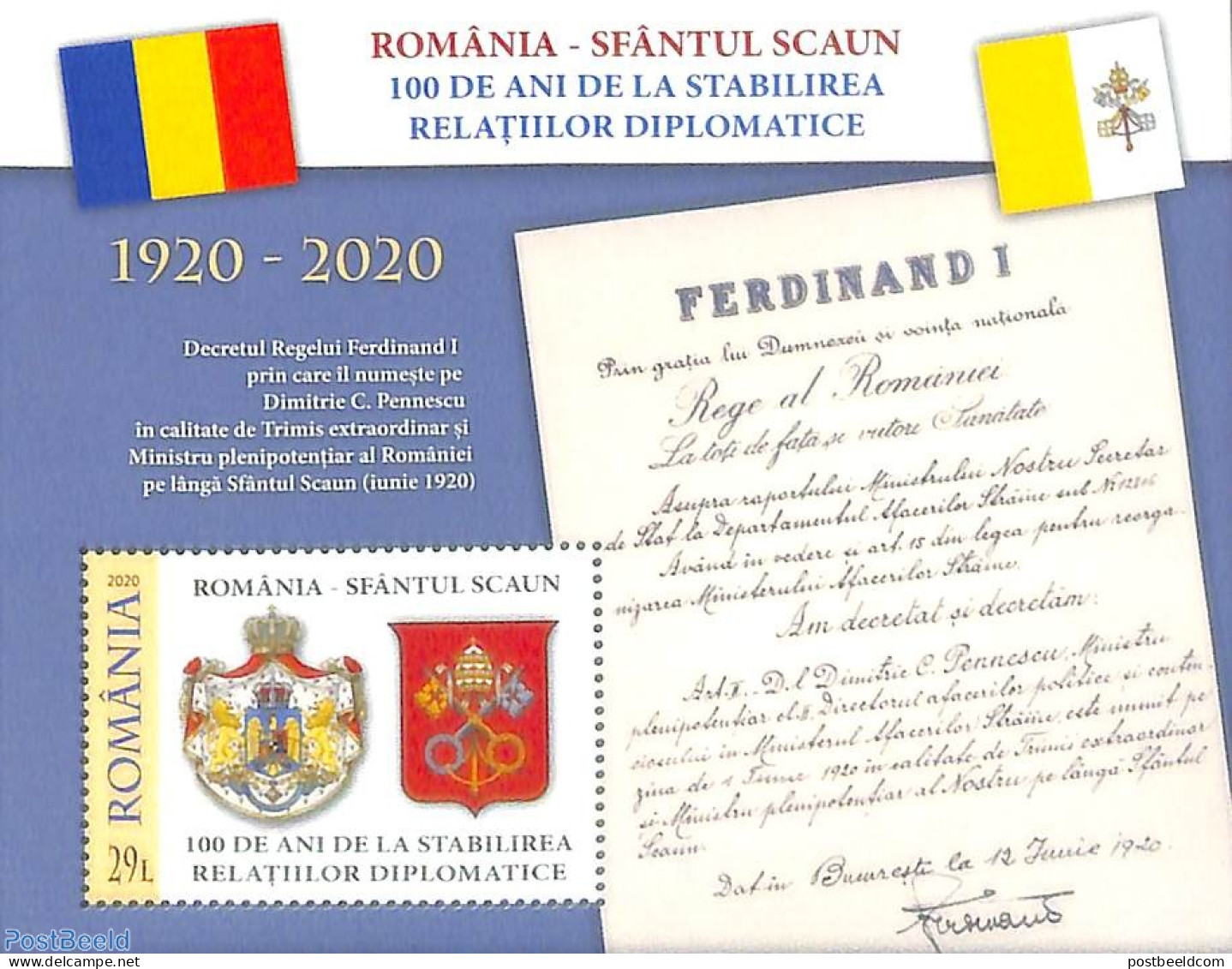 Romania 2020 Diplomatic Relations With Vatican S/s, Mint NH, History - Coat Of Arms - Neufs