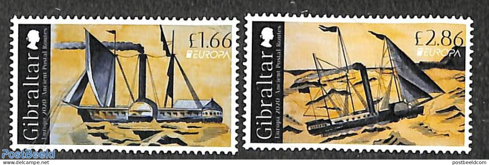 Gibraltar 2020 Europa, Old Postal Roads 2v, Mint NH, History - Transport - Europa (cept) - Post - Ships And Boats - Posta