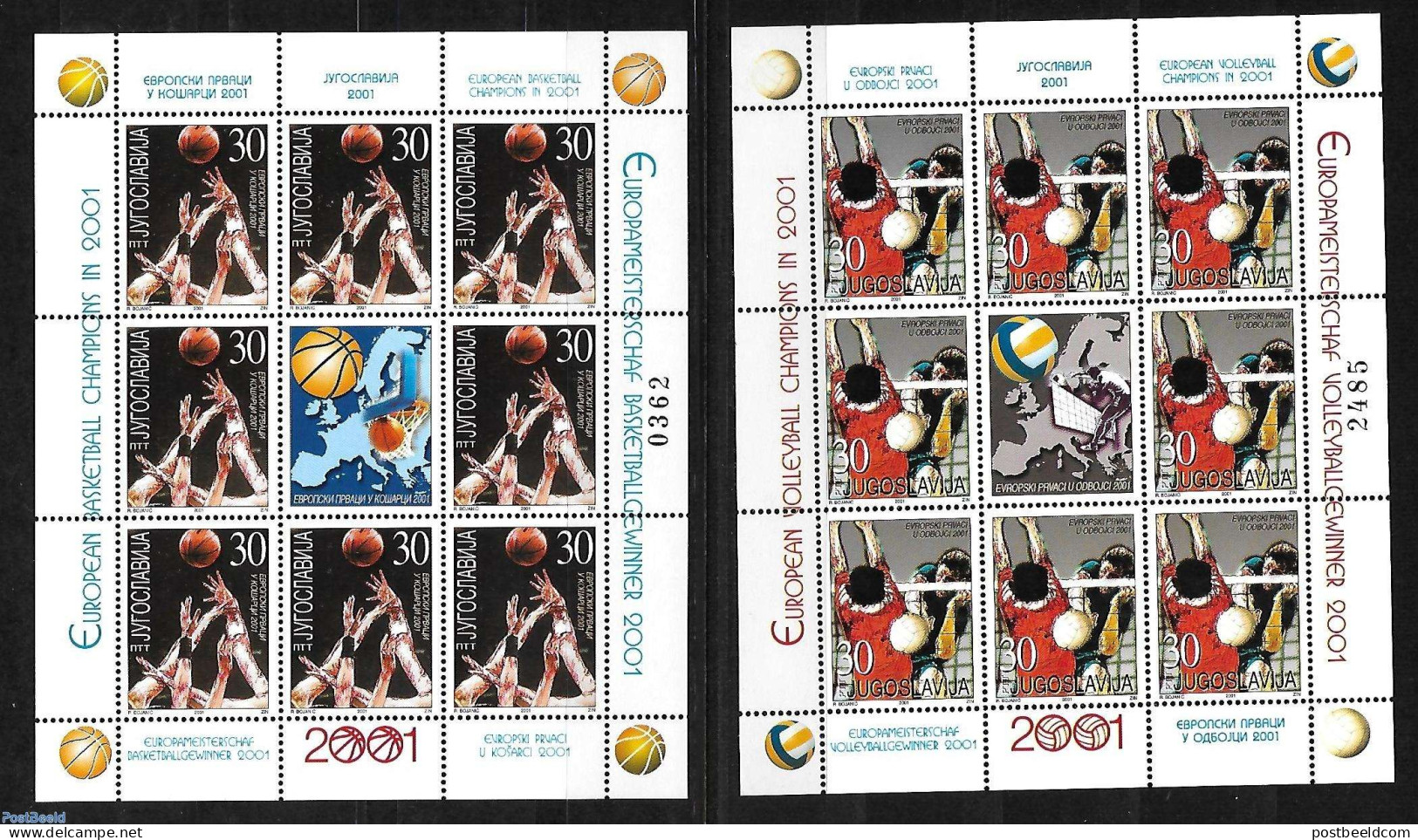 Yugoslavia 2001 Basketball/Volleyball. 2 M/ss, Mint NH, History - Sport - Europa Hang-on Issues - Basketball - Unused Stamps