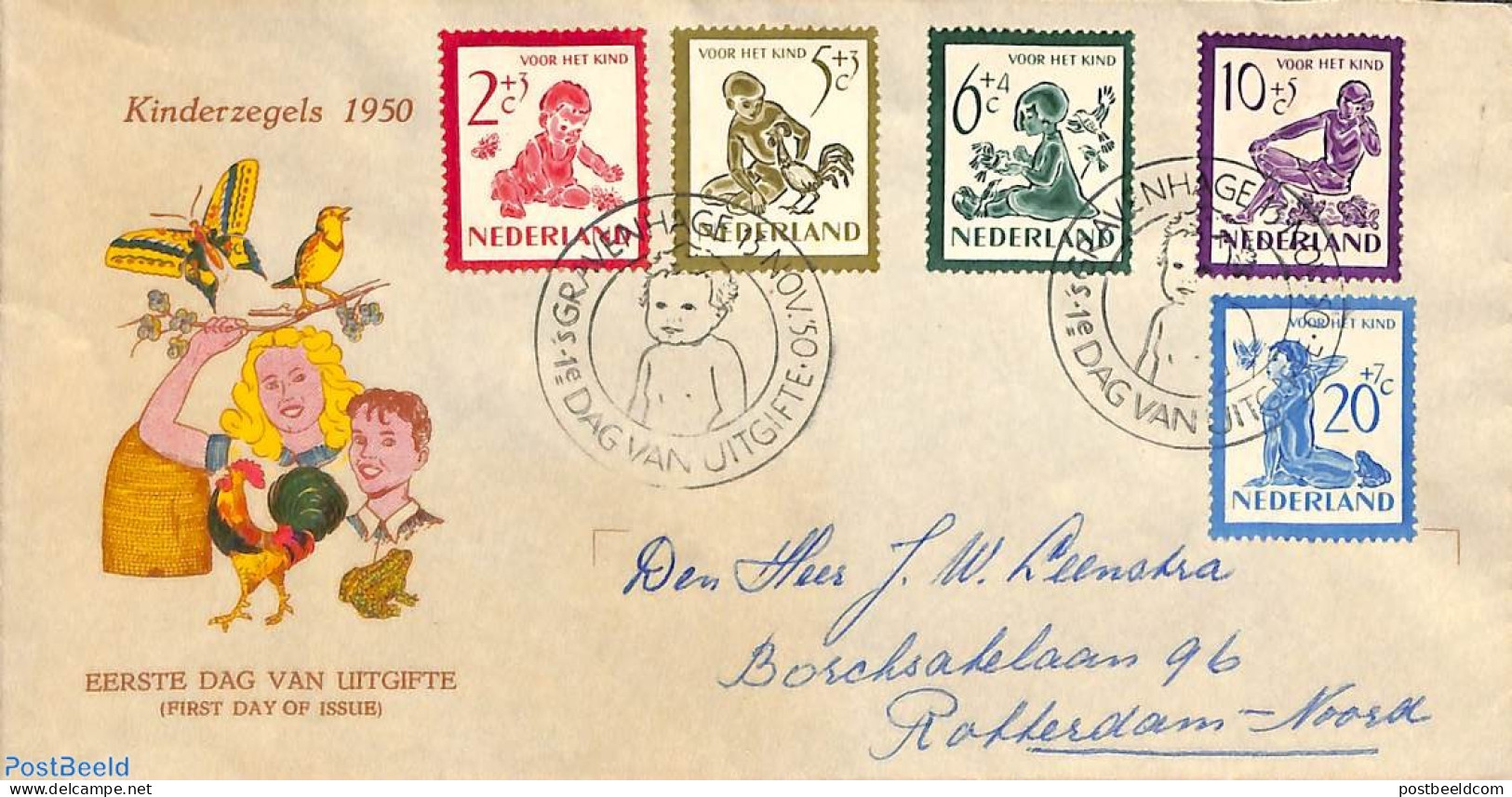Netherlands 1950 Child Welfare 5v, FDC, Closed Flap, Written Address, First Day Cover - Brieven En Documenten