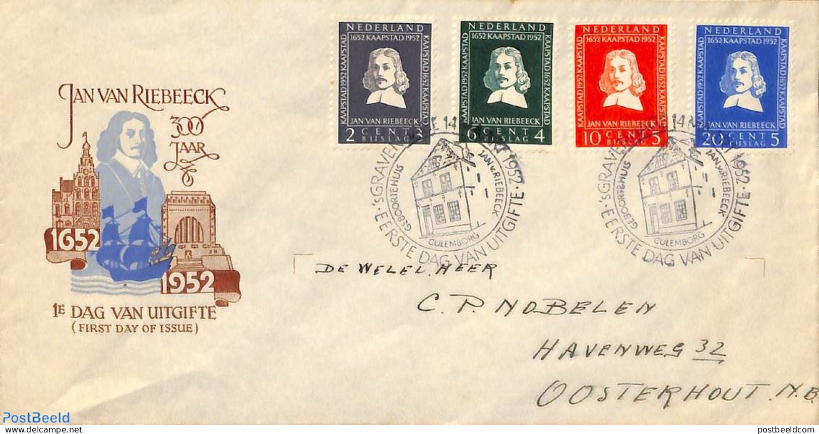 Netherlands 1952 Van Rieebeeck 4v FDC, Written Address, Open Flap, First Day Cover - Covers & Documents