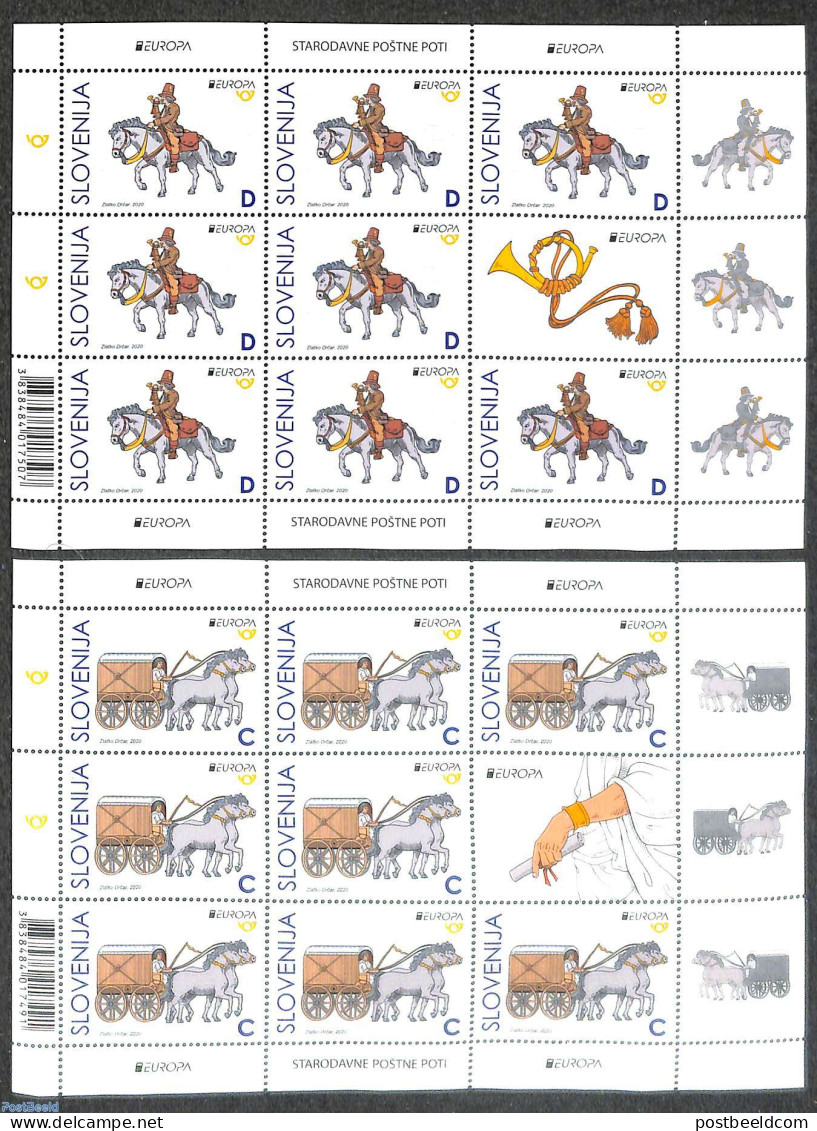 Slovenia 2020 Europa, Old Postal Roads 2 M/s, Mint NH, History - Nature - Europa (cept) - Horses - Post - Post