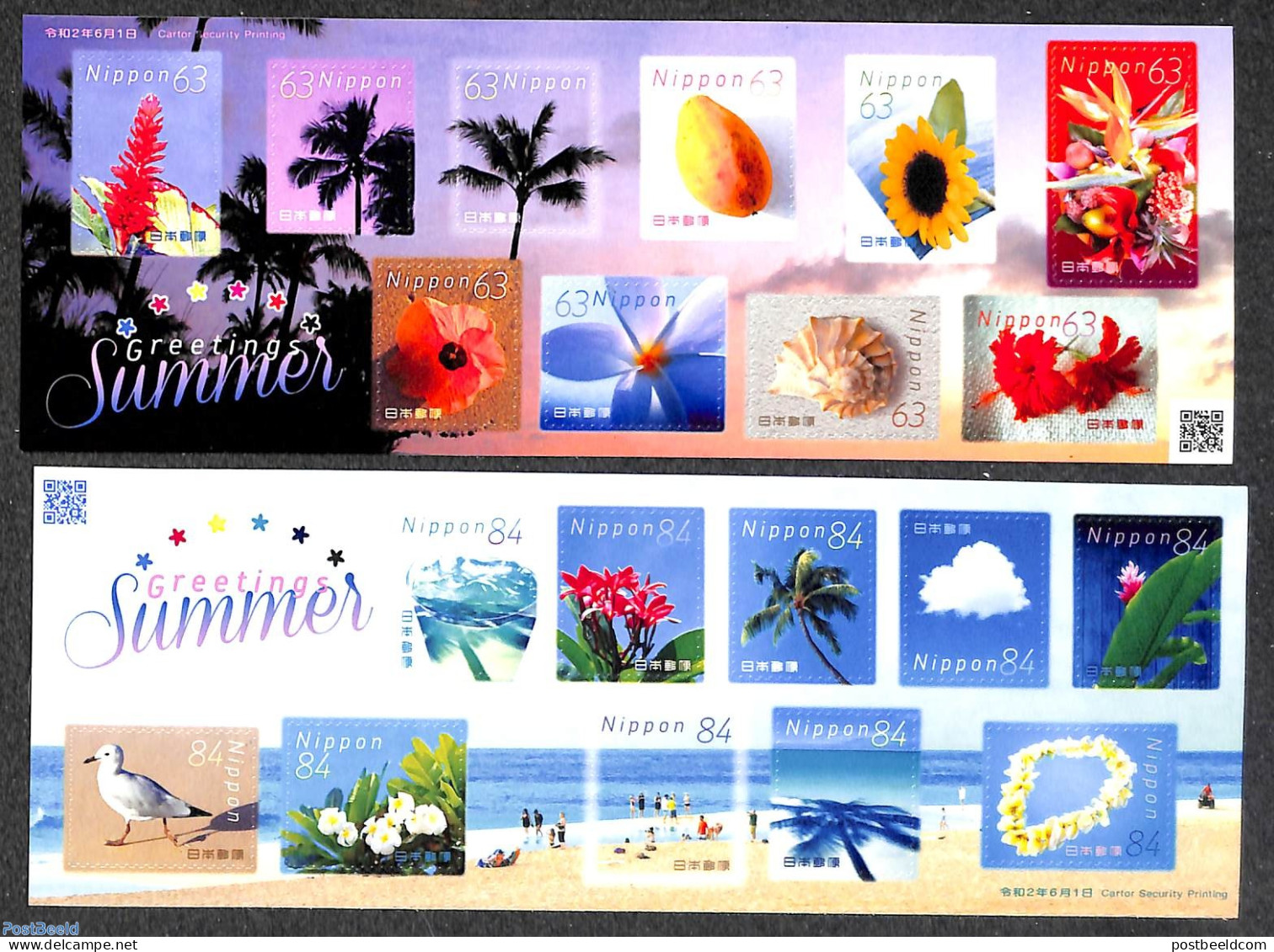 Japan 2020 Summer Greetings 20v (2 M/s) S-a, Mint NH, Nature - Birds - Flowers & Plants - Fruit - Shells & Crustaceans - Nuevos