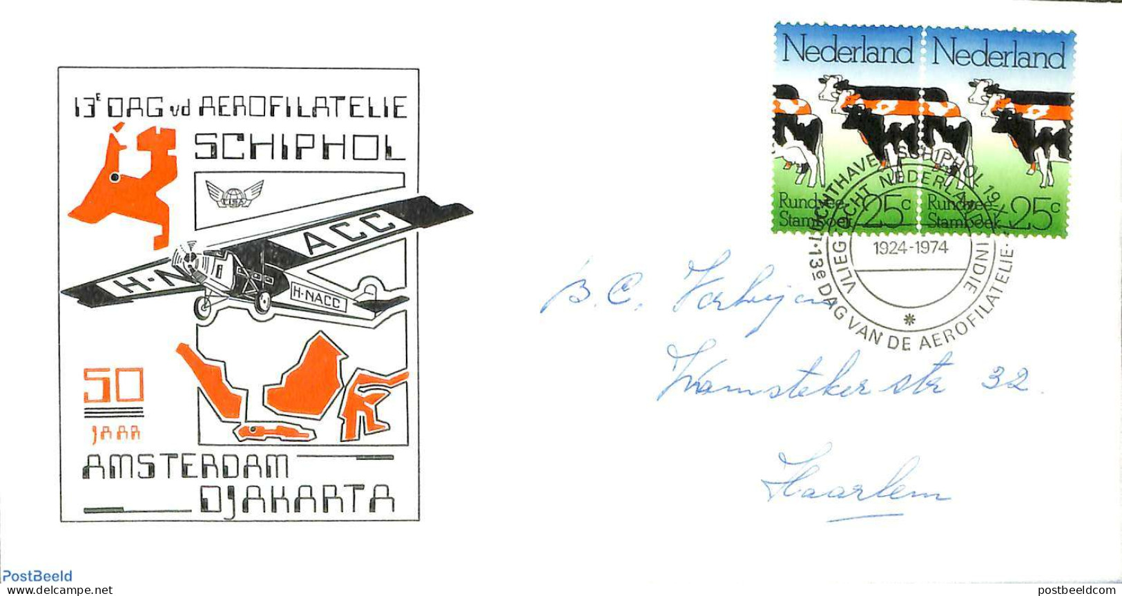 Netherlands 1974 Aerophilatelic Day Cover With Cow Pair, Postal History, Nature - Transport - Cattle - Aircraft & Avia.. - Covers & Documents