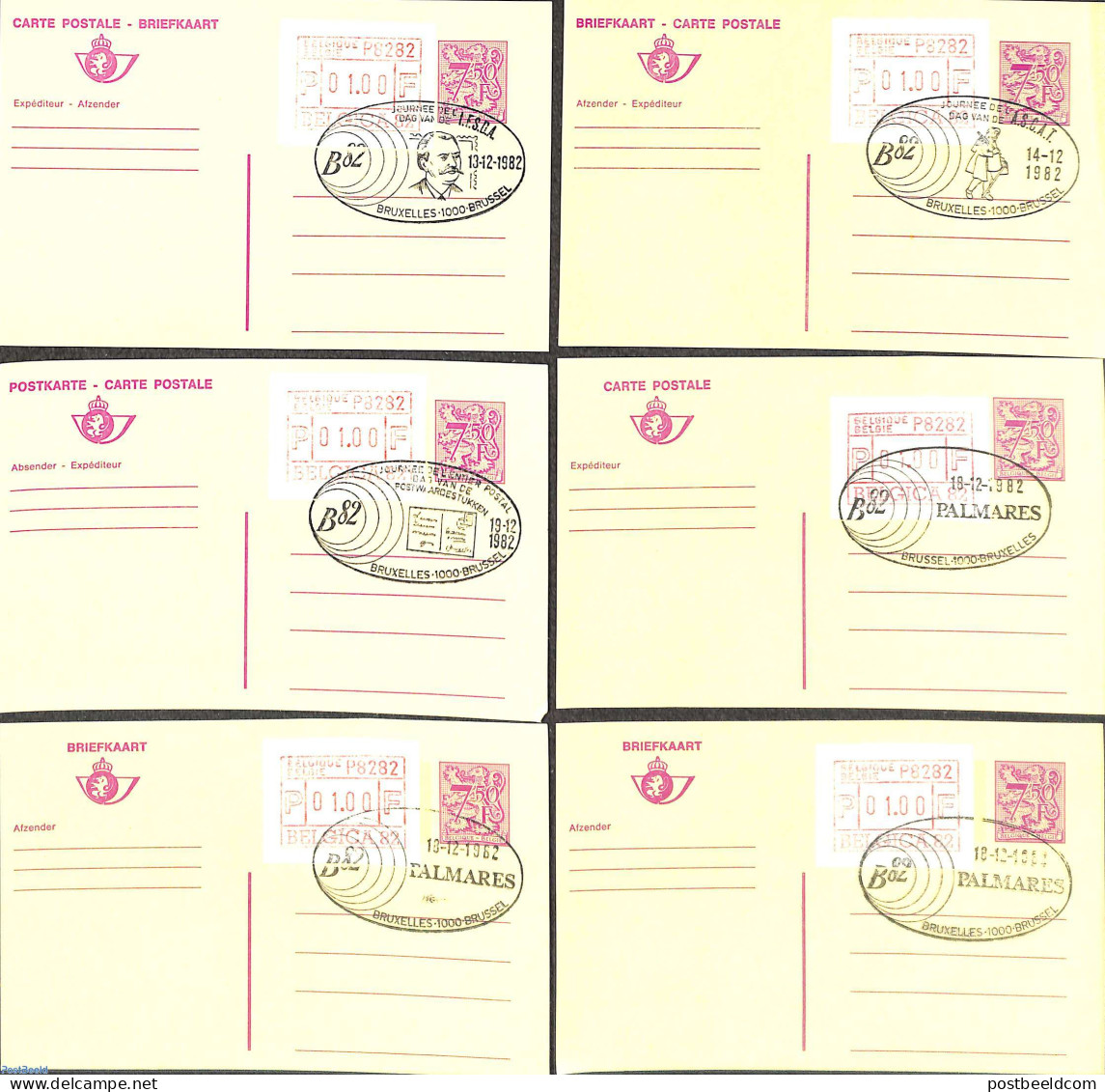 Belgium 1982 Lot Of 6 Postcards With Special Cancellations, Used Postal Stationary, Stamp Day - Brieven En Documenten