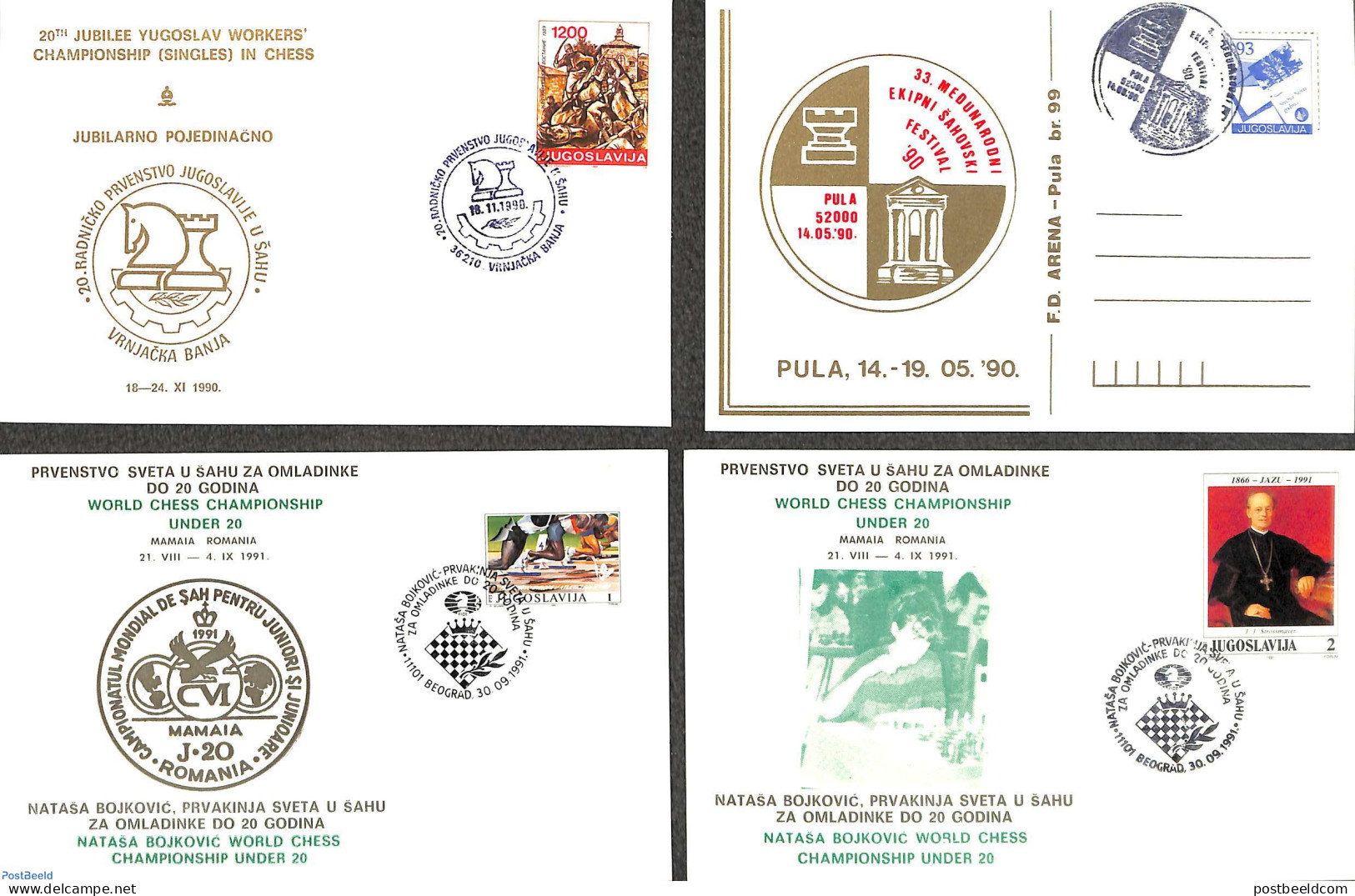 Yugoslavia 1991 Lot Of 4 Cards With Special Chess Cancellations, Postal History, Sport - Chess - Brieven En Documenten