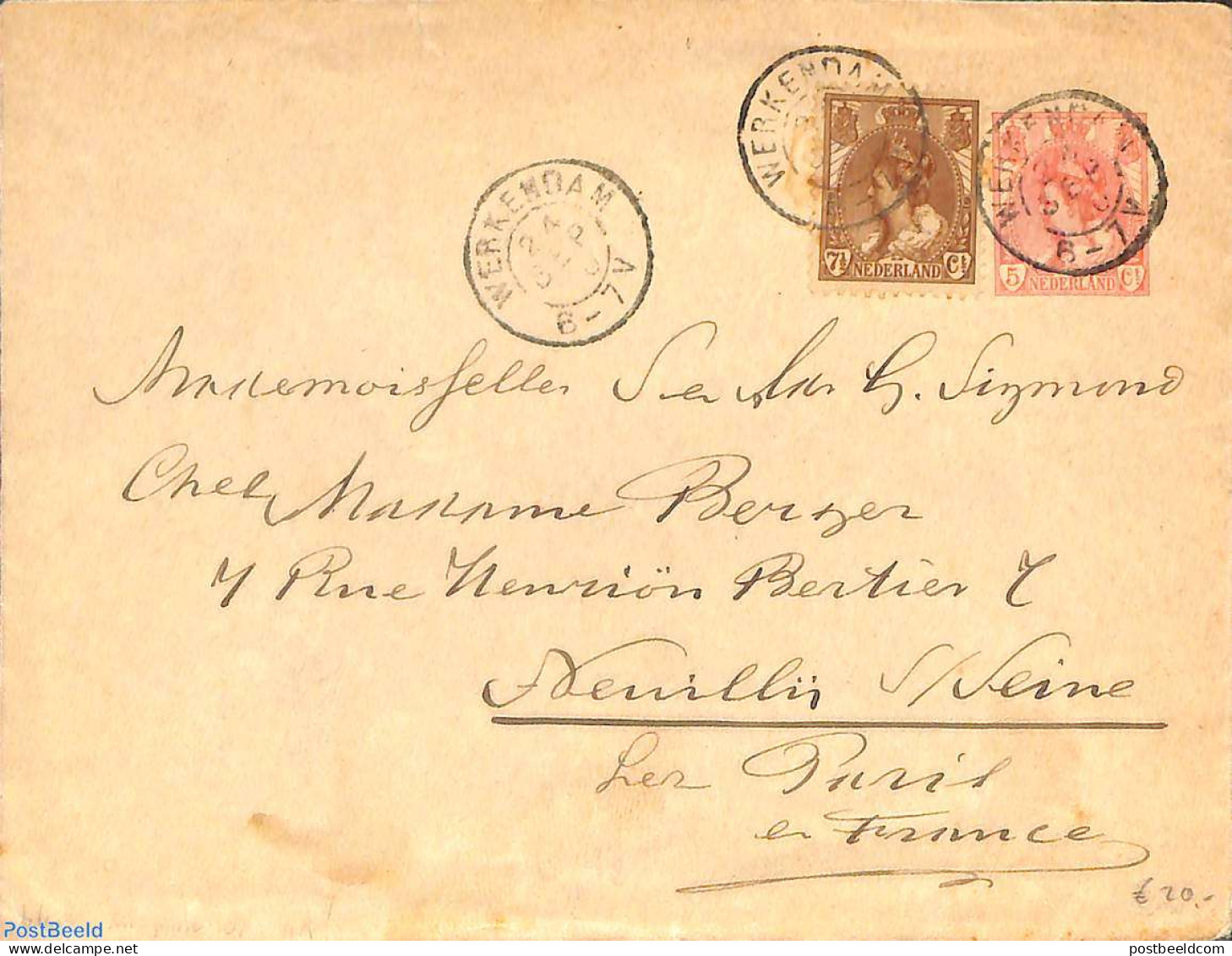Netherlands 1900 Envelope 5c, Uprated To France, From WERKENDAM (kleinrond), Used Postal Stationary - Storia Postale