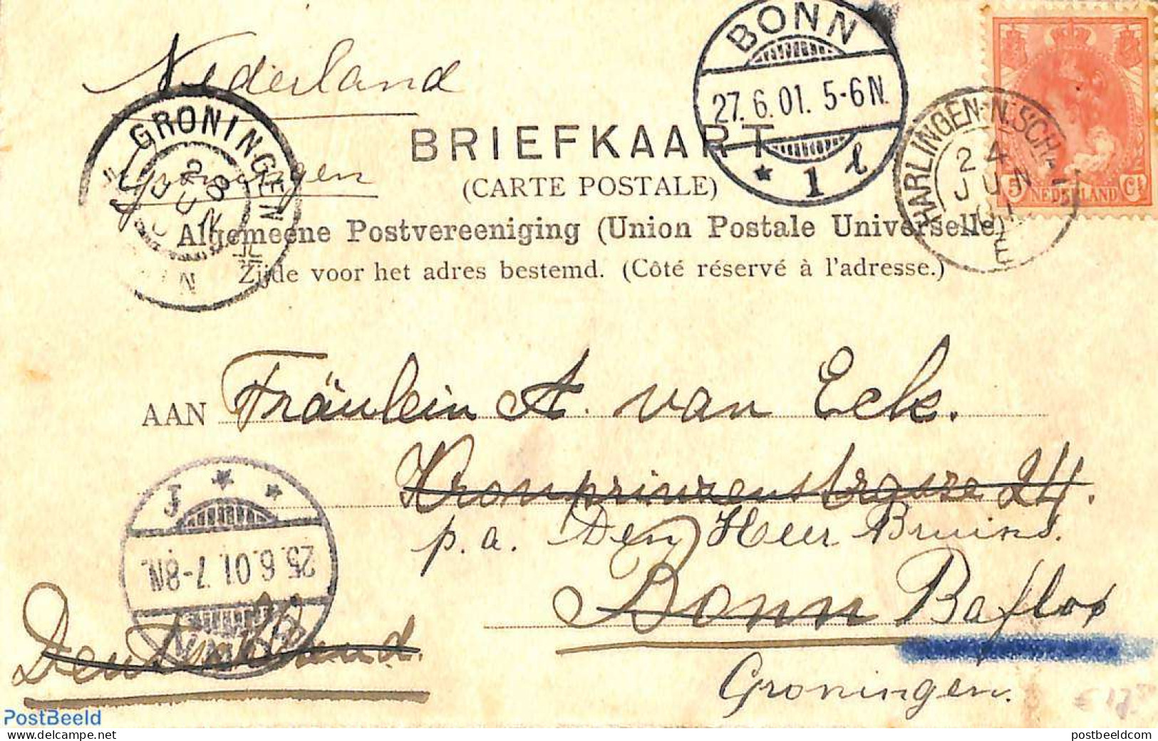 Netherlands 1901 Postcard From HARLINGEN N:SCH (kleinrond) To Bonn, Resent To Baflo, Postal History - Cartas & Documentos