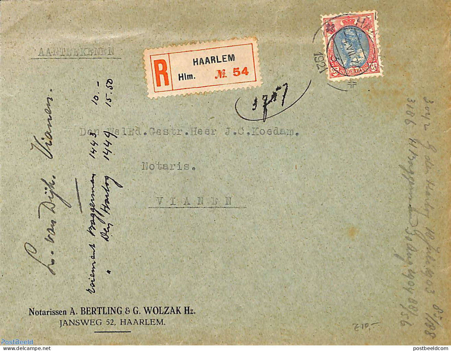 Netherlands 1921 Registered Letter From Haarlem To Vianen, Postal History - Covers & Documents