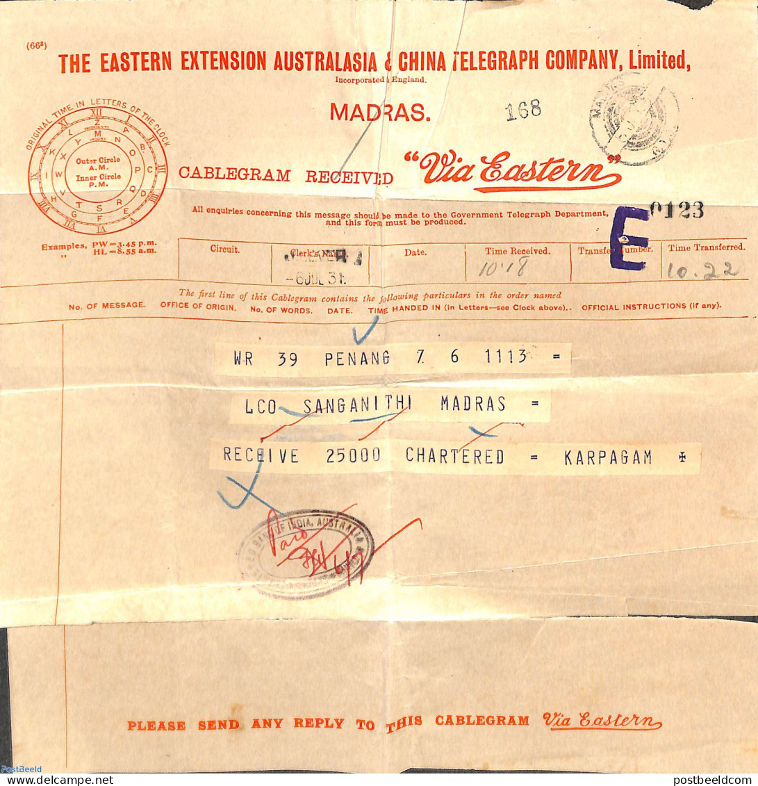 India 1956 Telegram, Postal History - Lettres & Documents