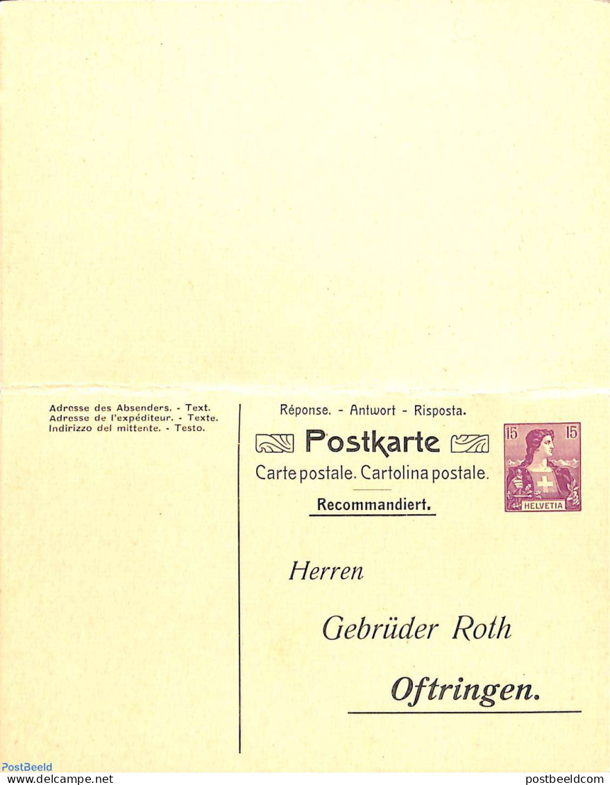 Switzerland 1907 Private Reply Paid Postcard 10/15c, Gebr. Roth Oftringen, Unused Postal Stationary - Lettres & Documents