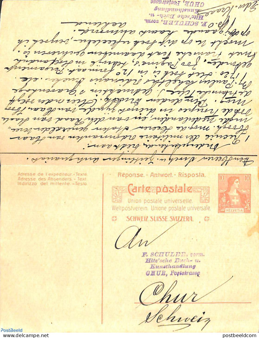 Switzerland 1909 Reply Paid Postcard 10/10c From CHUR To Amsterdam, Used Postal Stationary - Briefe U. Dokumente
