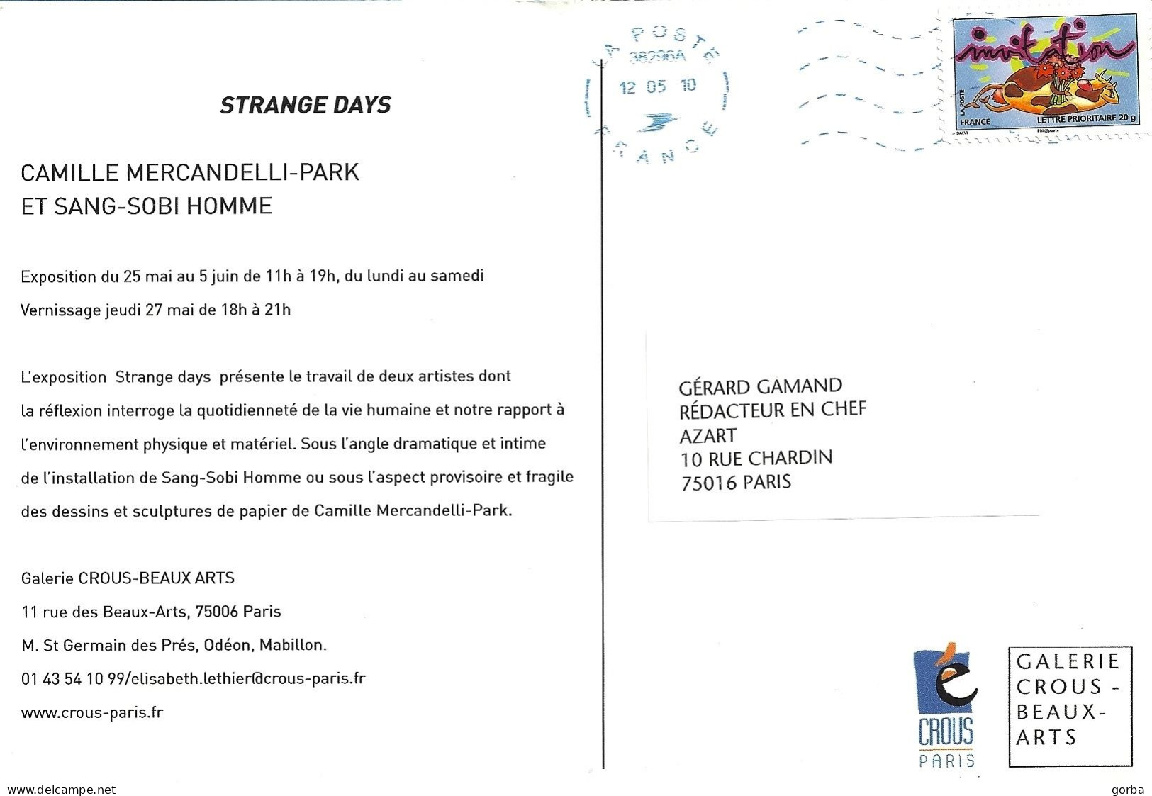 *CPM - Stranges Days De  Camille MERCANDELLI-PARK Et Sang-Sobi HOMME - Invitation Expo Galerie CROUS Beaux-Arts à PARIS - Ausstellungen