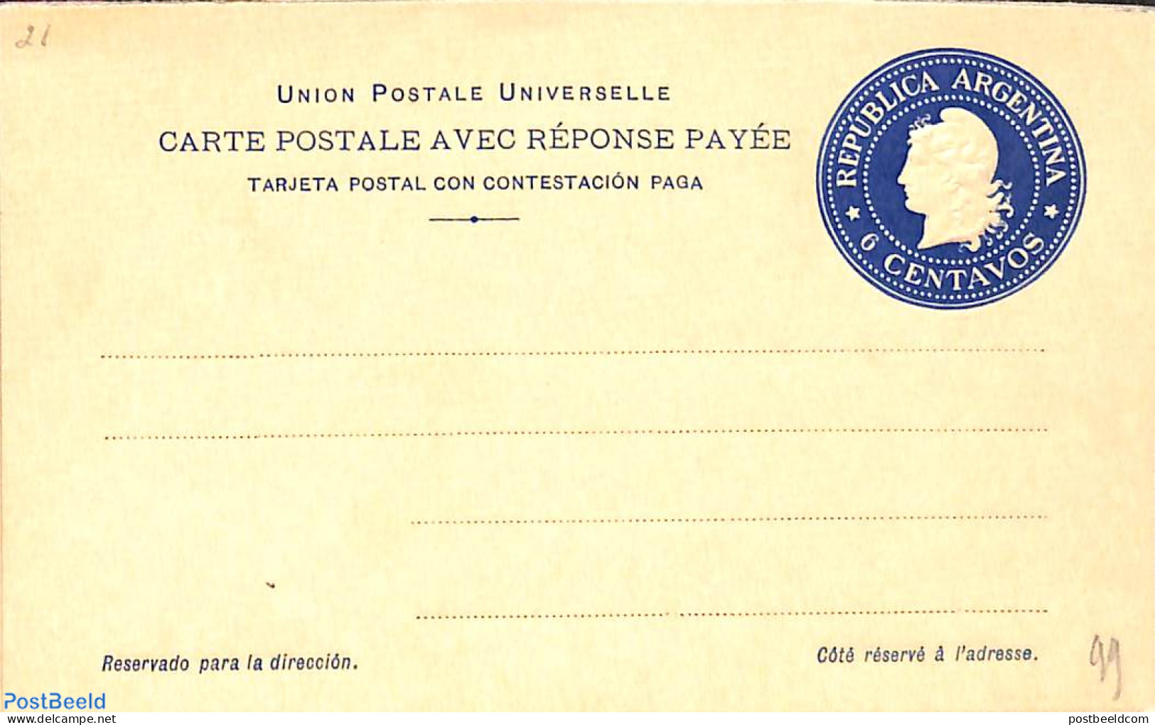 Argentina 1899 Reply Paid Postcard 6/6c, Unused Postal Stationary - Briefe U. Dokumente