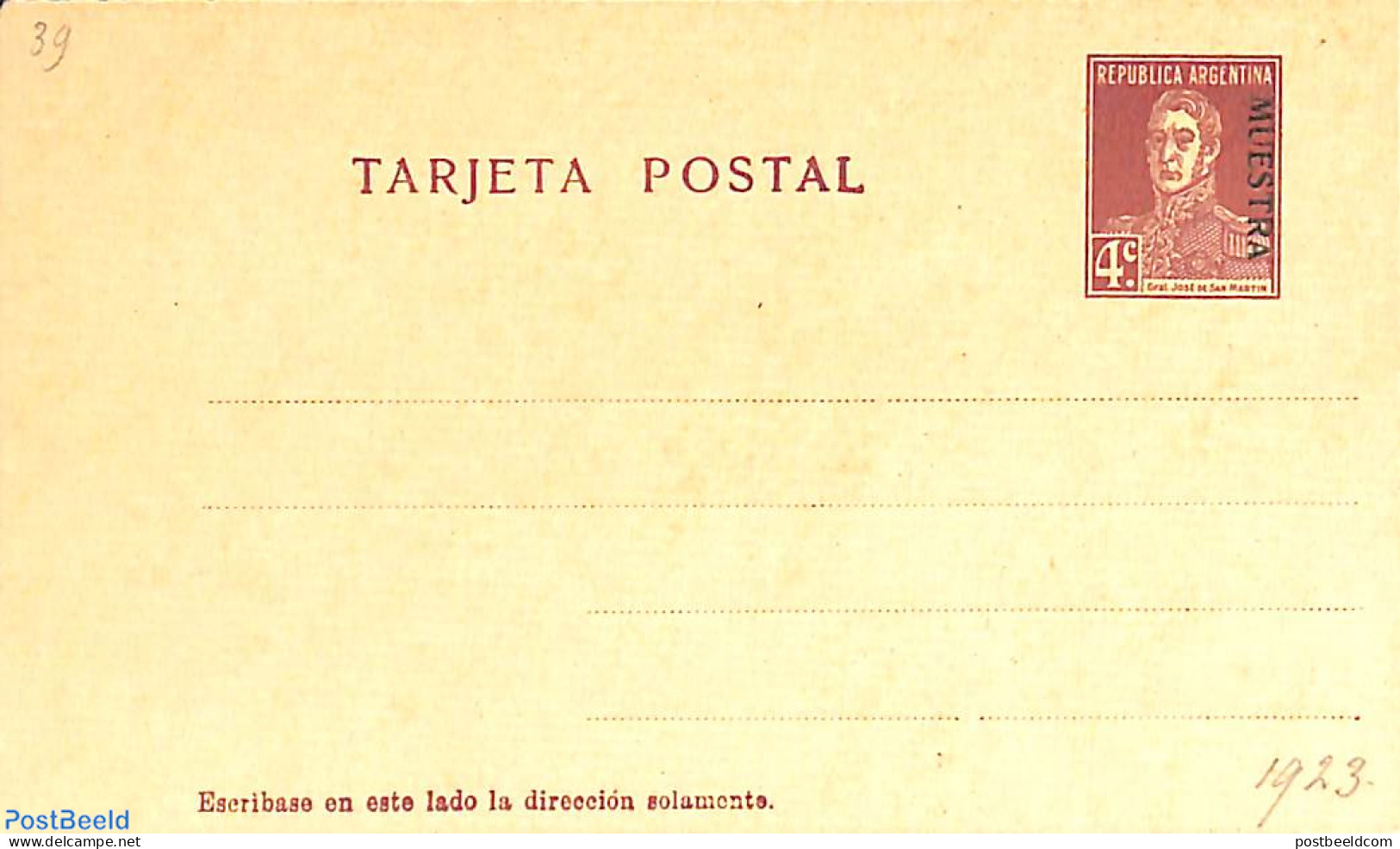 Argentina 1923 Postcard 4c, MUESTRA, Unused Postal Stationary - Covers & Documents