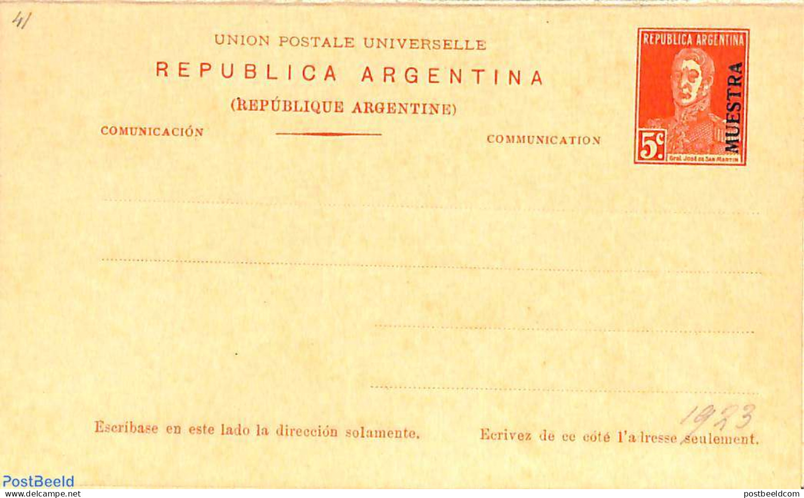 Argentina 1923 Reply Paid Postcard 5/5c MUESTRA, Unused Postal Stationary - Cartas & Documentos
