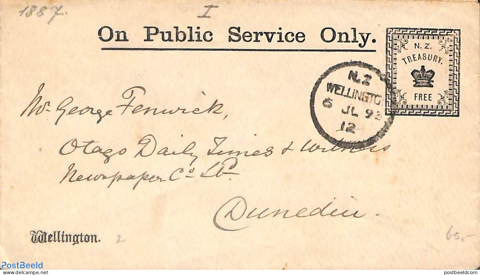 New Zealand 1912 On Service Envelope , Used Postal Stationary - Lettres & Documents