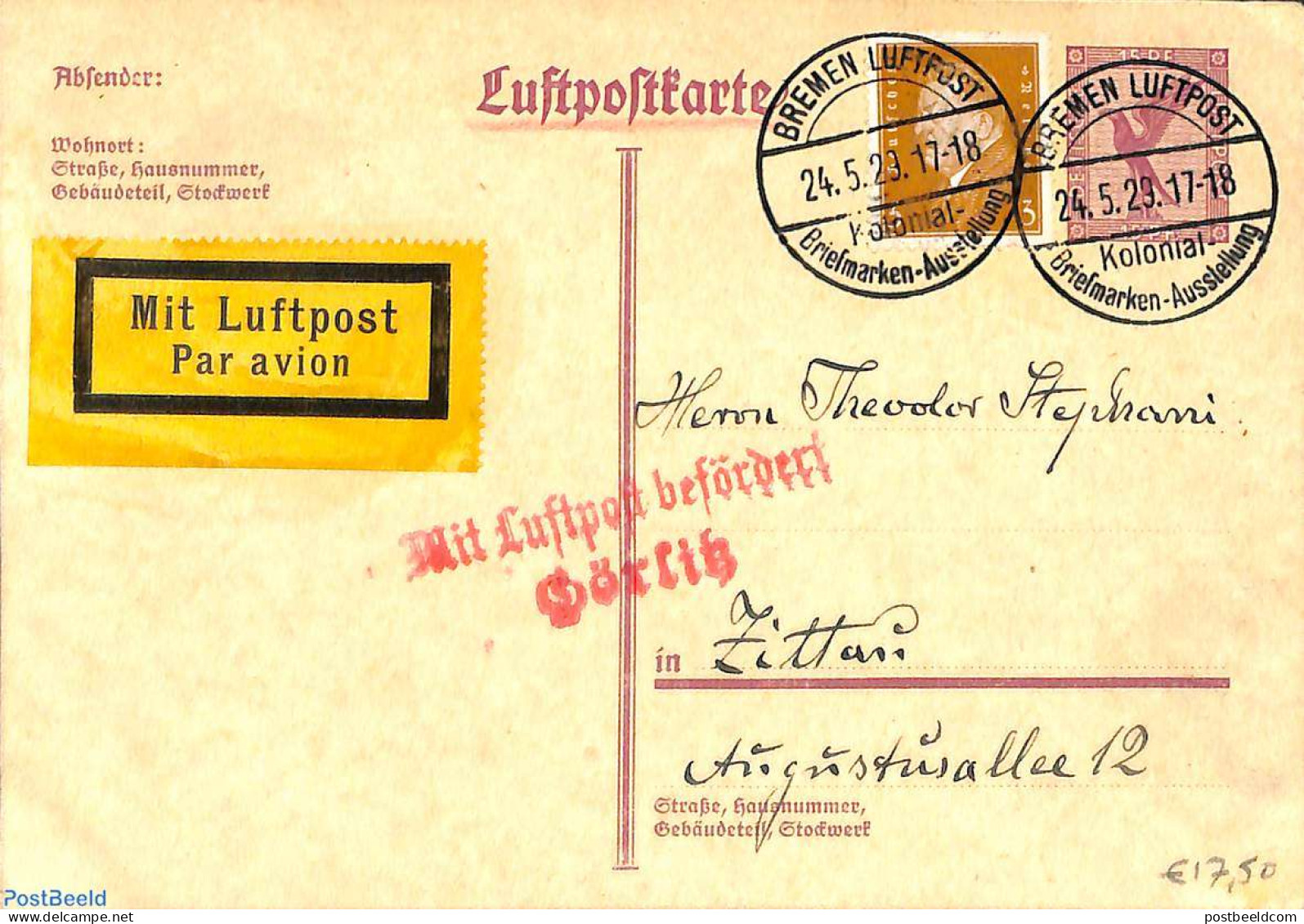 Germany, Empire 1929 Postcard, Uprated Sent By Airmail, Luftpost, Used Postal Stationary - Cartas & Documentos