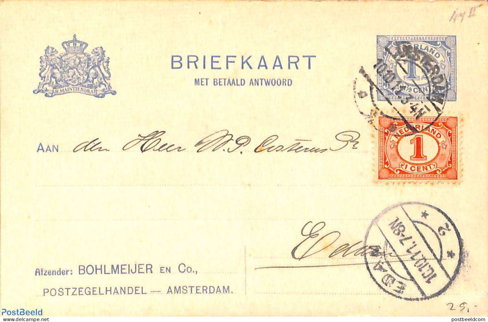 Netherlands 1911 Reply Paid Postcard With Private Text, Bohlmeijer Amsterdam, Used Postal Stationary - Cartas & Documentos