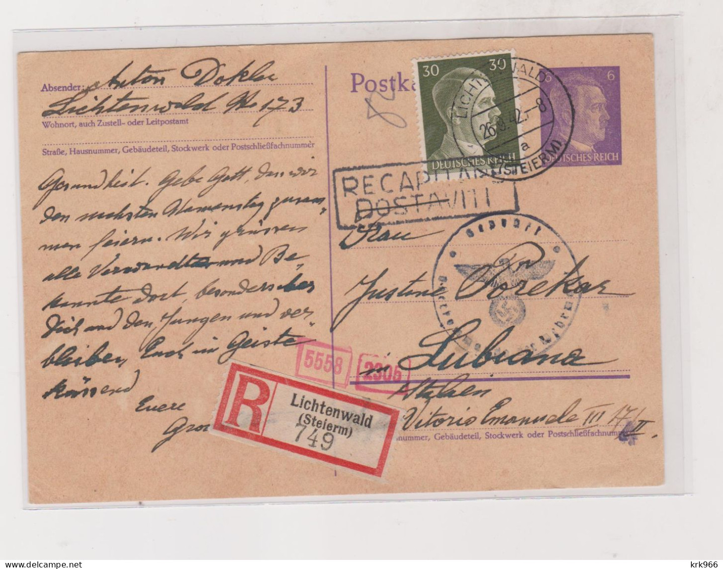 SLOVENIA  GERMANY  WW II 1942 LICHTENWALD SEVNICA Registered Censored Postal Stationery To Ljubljana Italy - Slovénie