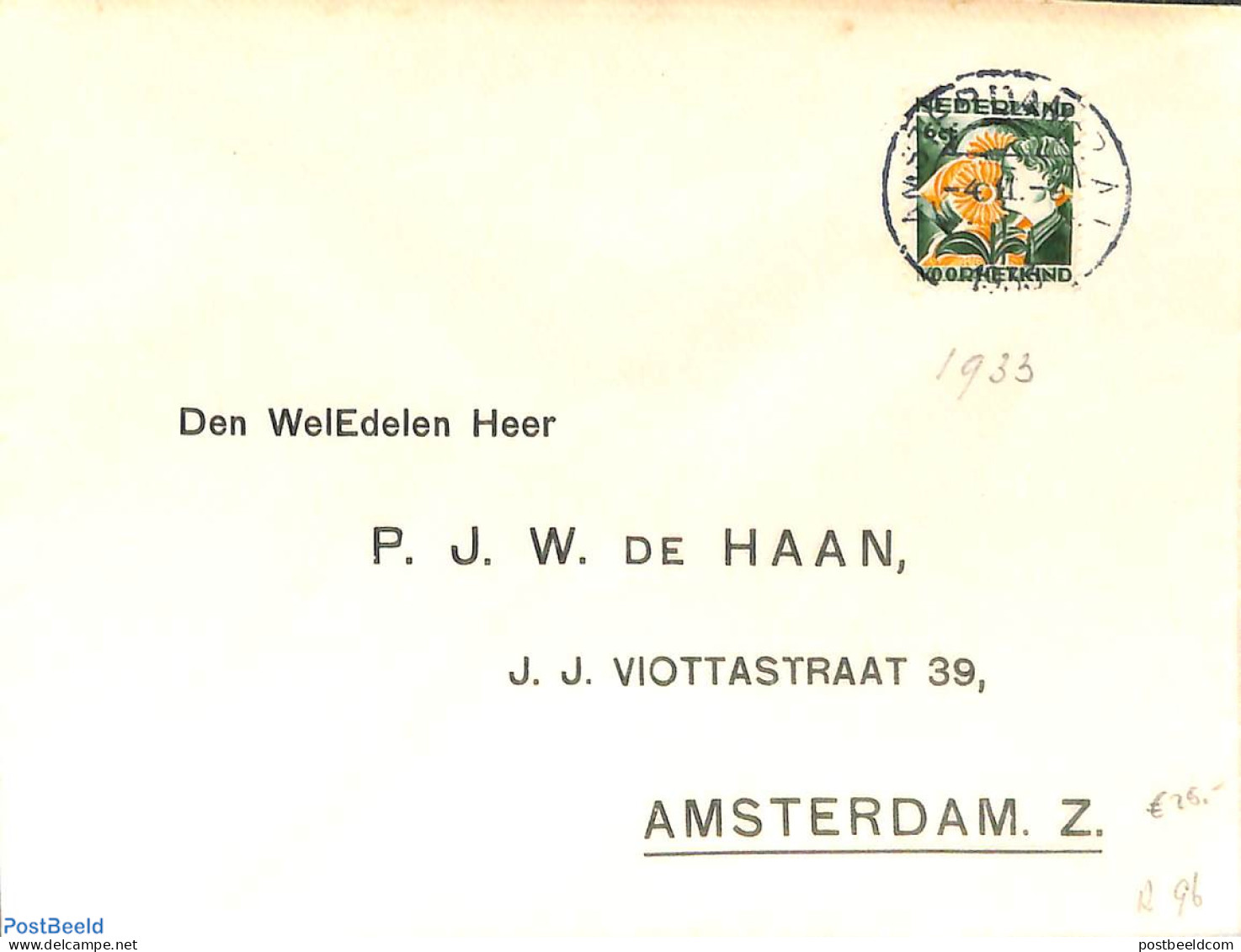 Netherlands 1933 NVPH No. R96 On Cover, Postal History - Brieven En Documenten