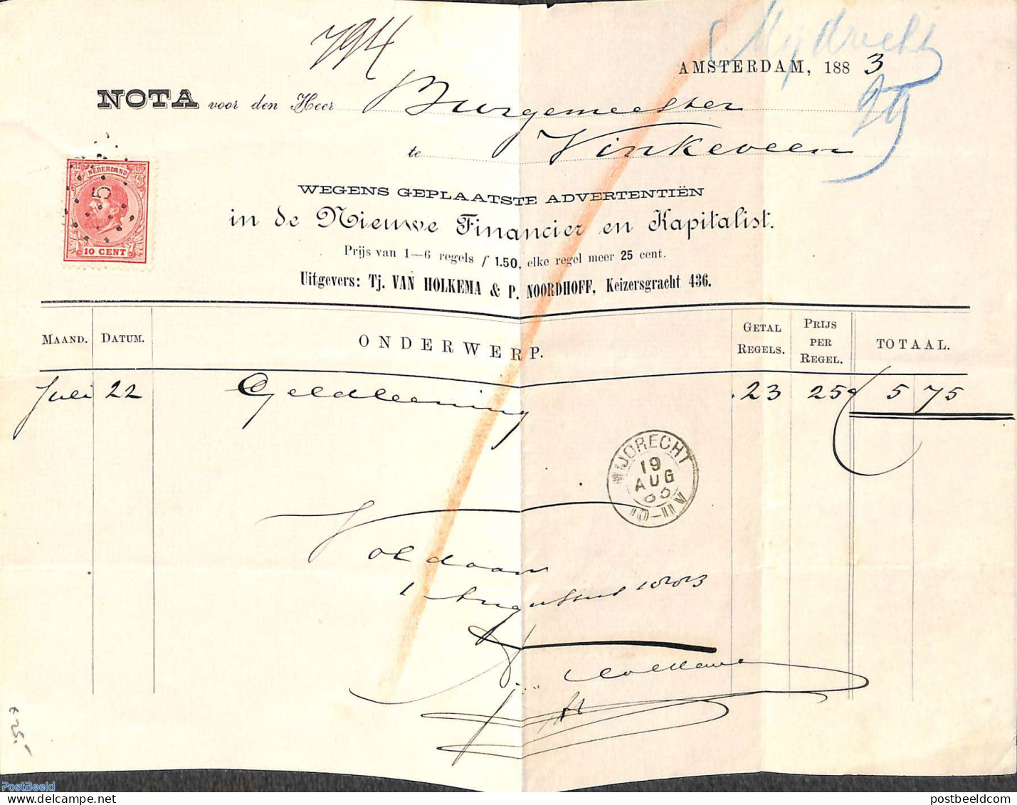 Netherlands 1883 Invoice With 10c Stamp, Postal History - Lettres & Documents