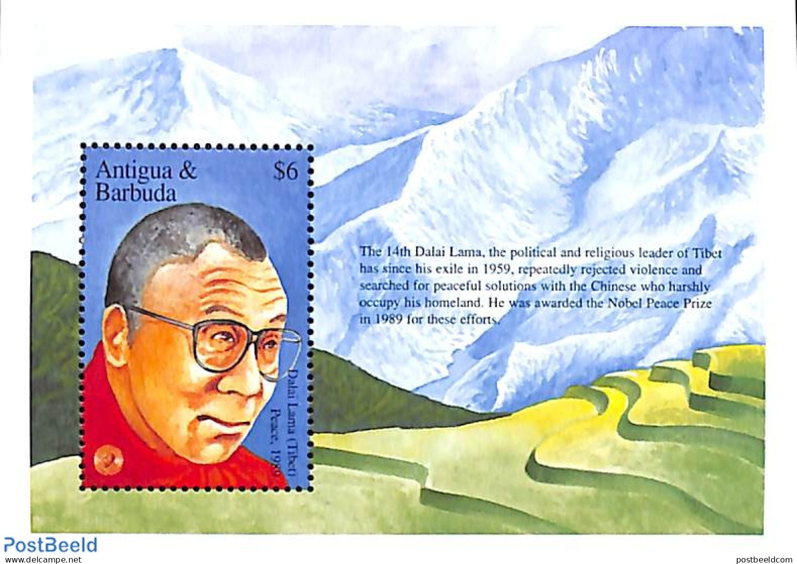 Antigua & Barbuda 1995 Dalai Lama S/s, Mint NH, History - Sport - Nobel Prize Winners - Mountains & Mountain Climbing - Nobel Prize Laureates