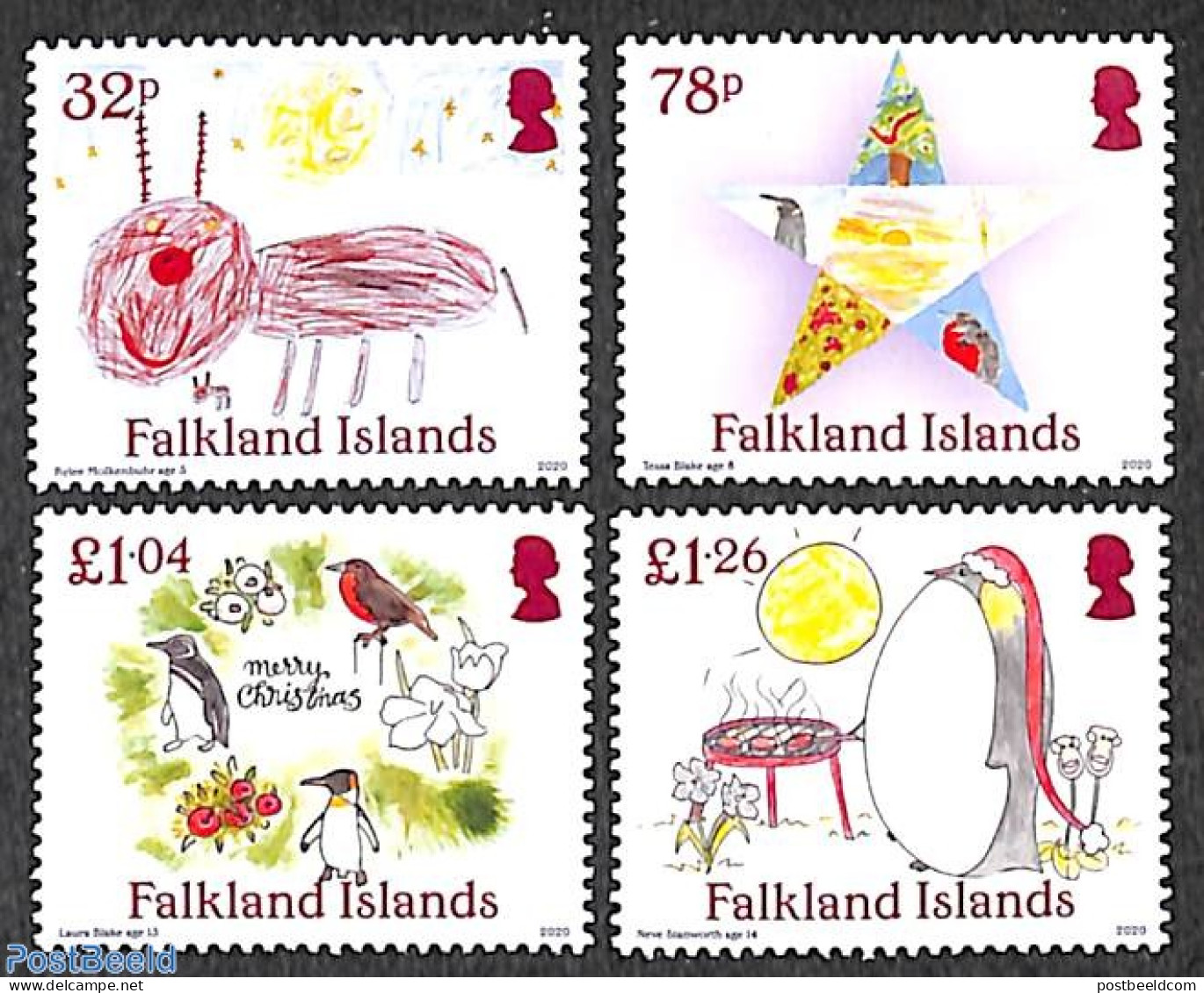 Falkland Islands 2020 Christmas 4v, Mint NH, Nature - Religion - Penguins - Christmas - Art - Children Drawings - Christmas