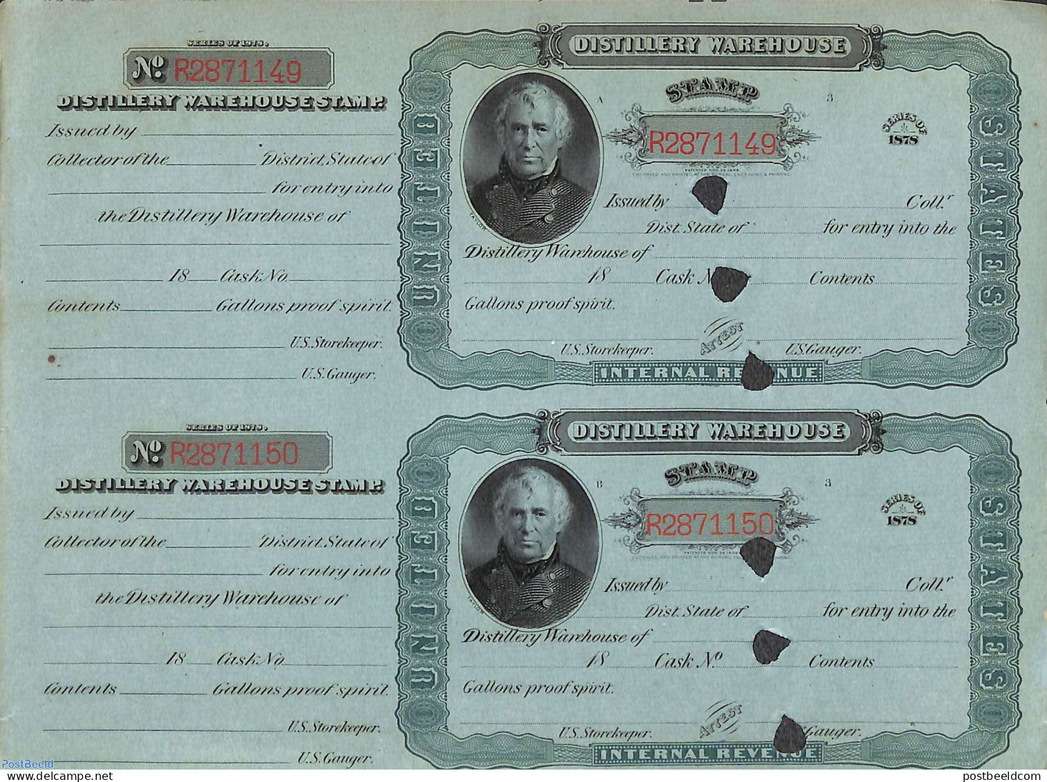 United States Of America 1878 Distillery Warehouse Revenue Stamps (sheet With 2), Unused (hinged) - Briefe U. Dokumente