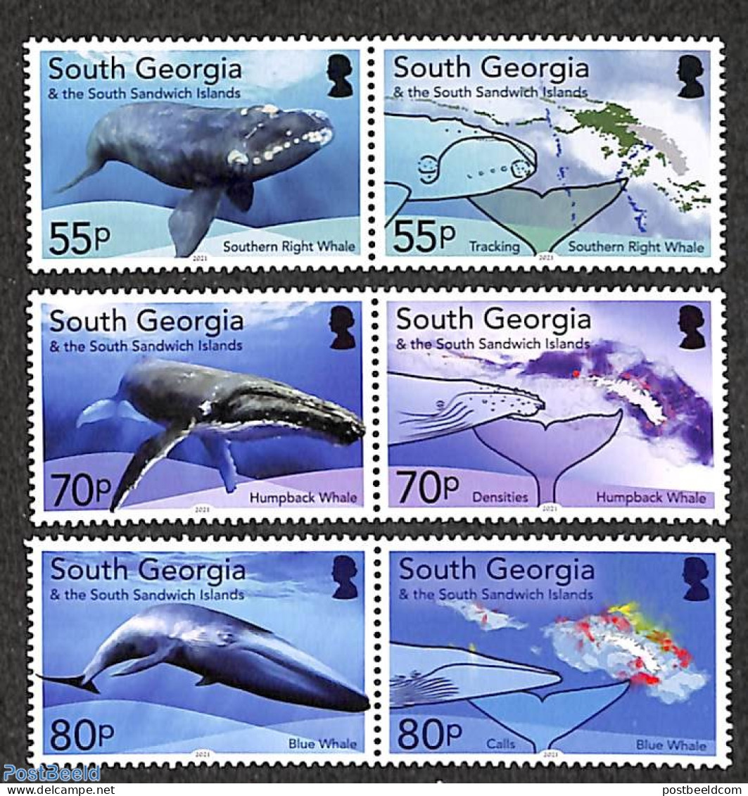 South Georgia / Falklands Dep. 2021 Whales, Ecosystems 6v (3x[:]), Mint NH, Nature - Various - Sea Mammals - Maps - Géographie