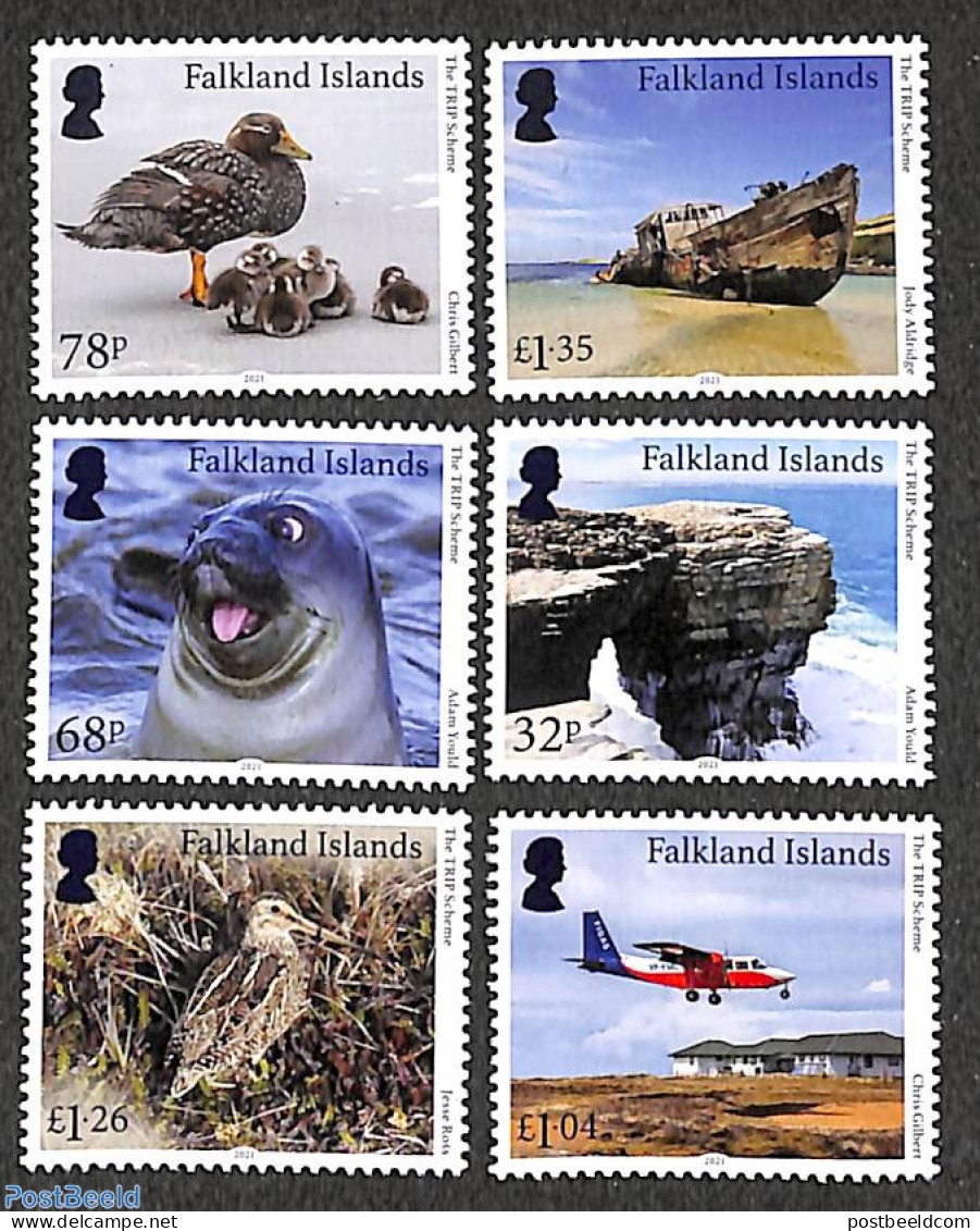 Falkland Islands 2021 Tourism 6v, Mint NH, Nature - Transport - Birds - Sea Mammals - Aircraft & Aviation - Ships And .. - Vliegtuigen