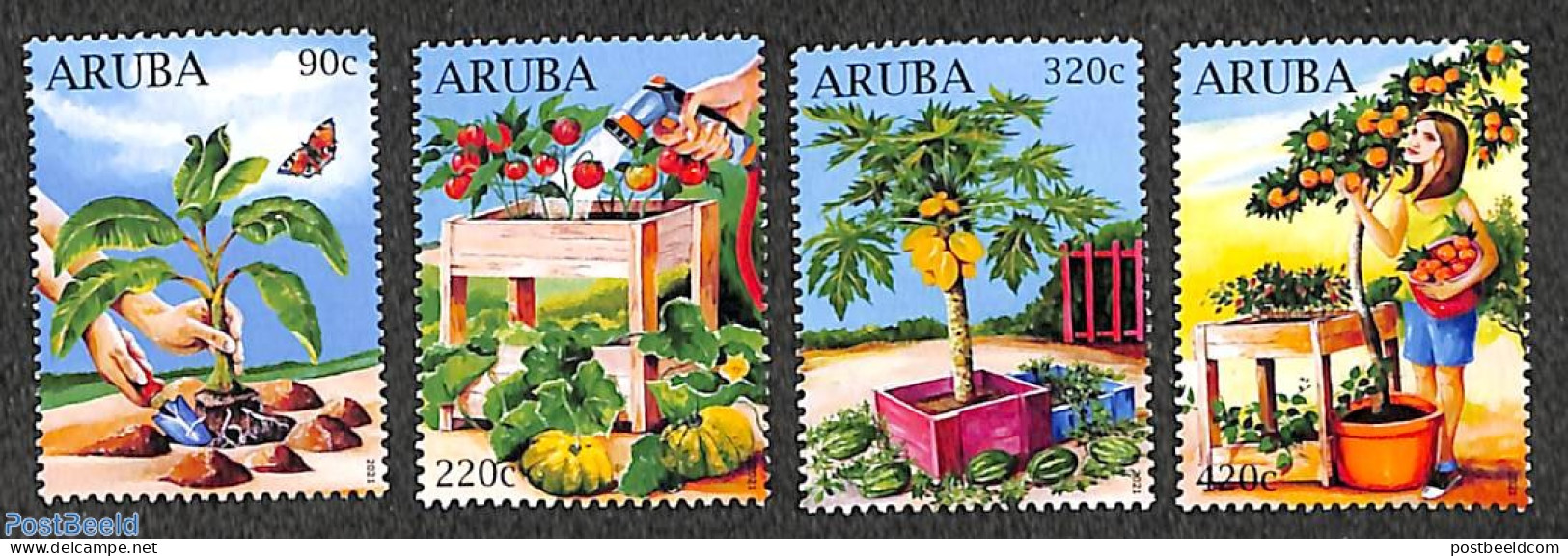 Aruba 2021 Agriculture 4v, Mint NH, Nature - Various - Fruit - Trees & Forests - Agriculture - Frutas