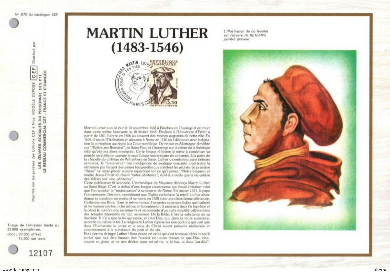 FRANCE - 500e Anniversaire De La Naissance De Martin  Luther (1483-1546) - N° 670 Du Catalogue CEF - 1980-1989