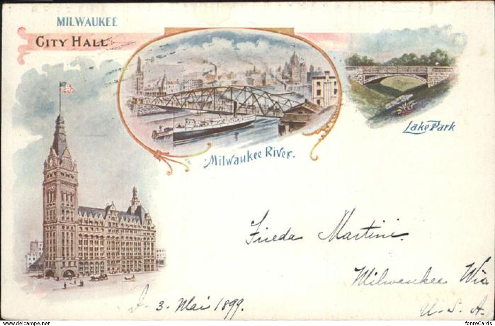 41326691 Milwaukee_Wisconsin City Hall Milwaukee River Bridge Lake Park Litho - Autres & Non Classés