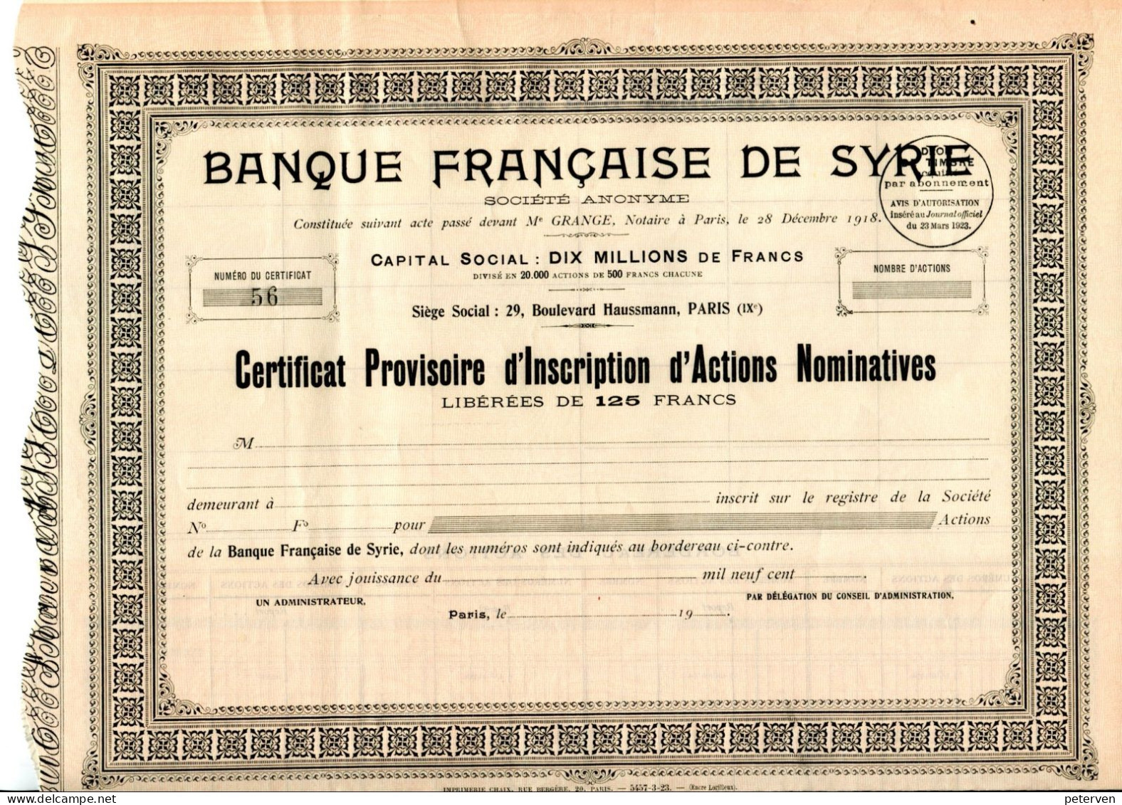 BANQUE FRANCAISE De SYRIE; Certificat Provisoire - Asie