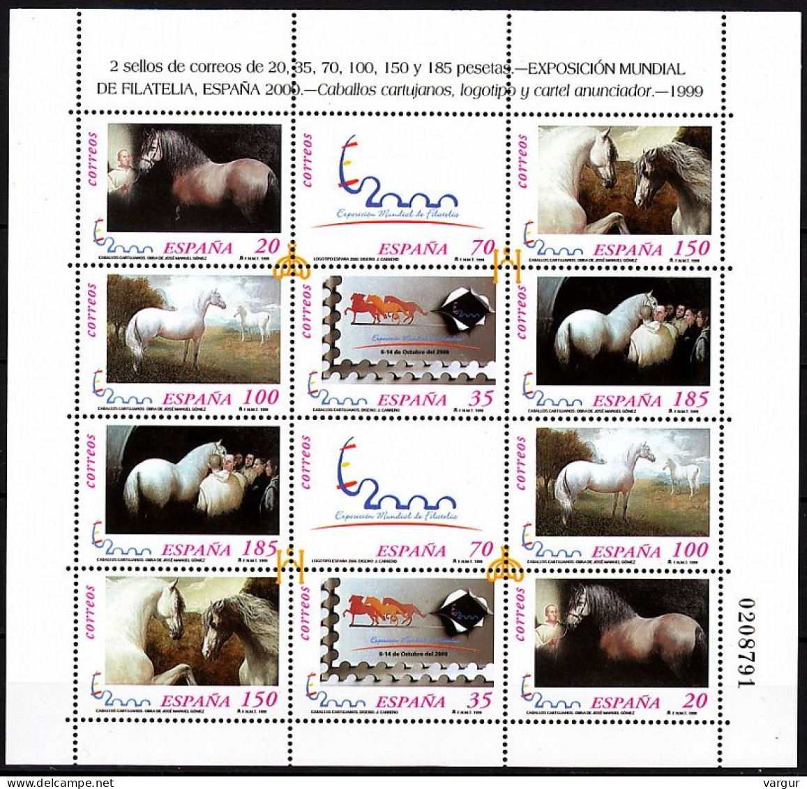 SPAIN 1999 Philately: Stamp Expo ESPANA-2000. Horses. MINI-SHEET, MNH - Cavalli