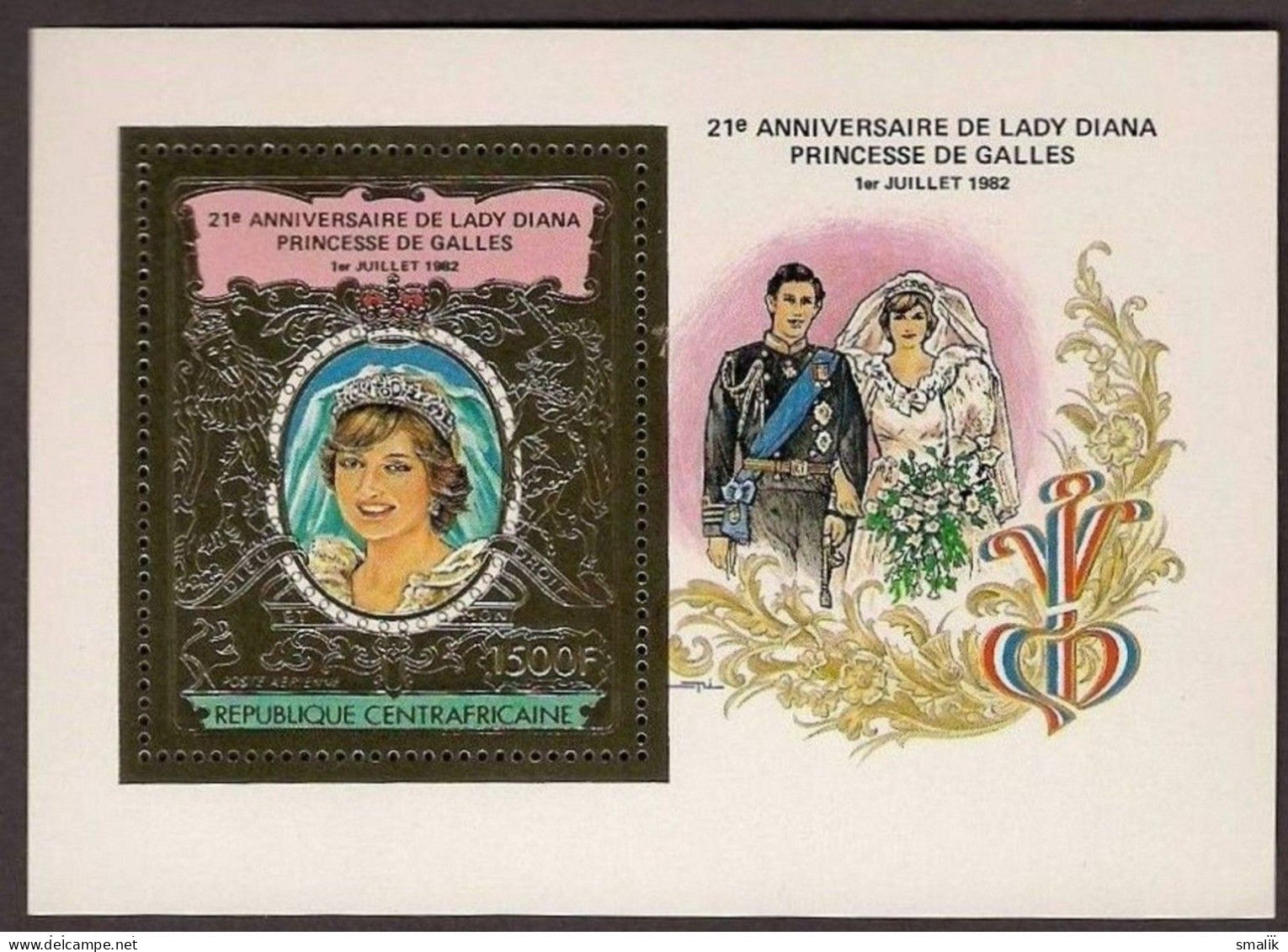 CENTRAL AFRICAN REPUBLIC 1982 - 21st Birthday Of Royal Princess Diana, Gold Foil Embossed DELUXE Miniature Sheet MNH - Zentralafrik. Republik