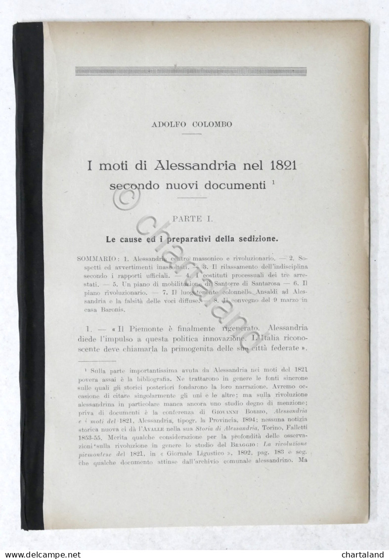 A. Colombo - I Moti Di Alessandria Nel 1821 Secondo Nuovi Documenti - 1920 Ca. - Other & Unclassified