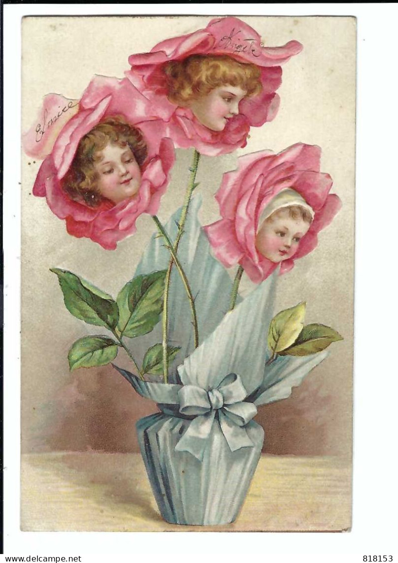 Bloemen Met Kinderkopjes       1907    Reliëf Kaart - Fleurs