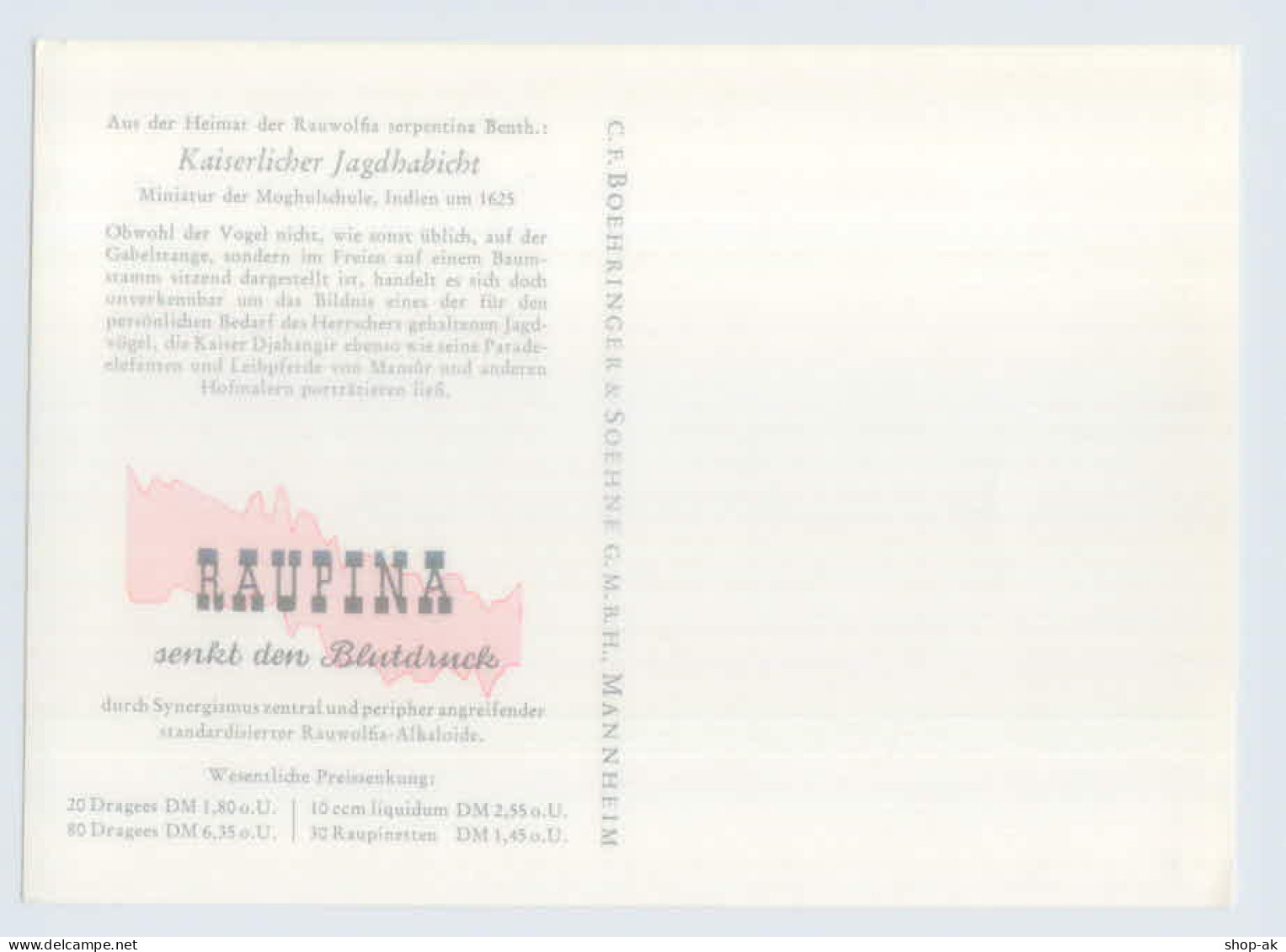W9O06/ Raupina Medikamente Medizin Reklame AK Moghul Jagdhabicht  Indien  1954 - Werbepostkarten