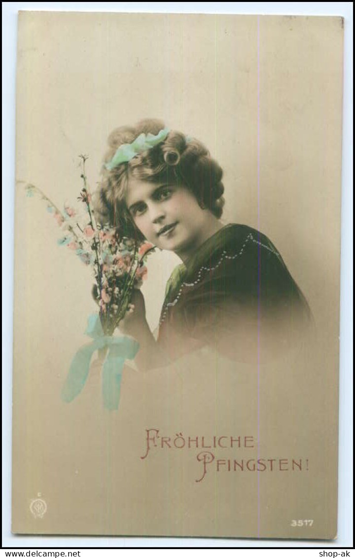 Y1702/ Fröhliche Pfingsten Frau Mit Blumen 1912 Foto AK - Pfingsten